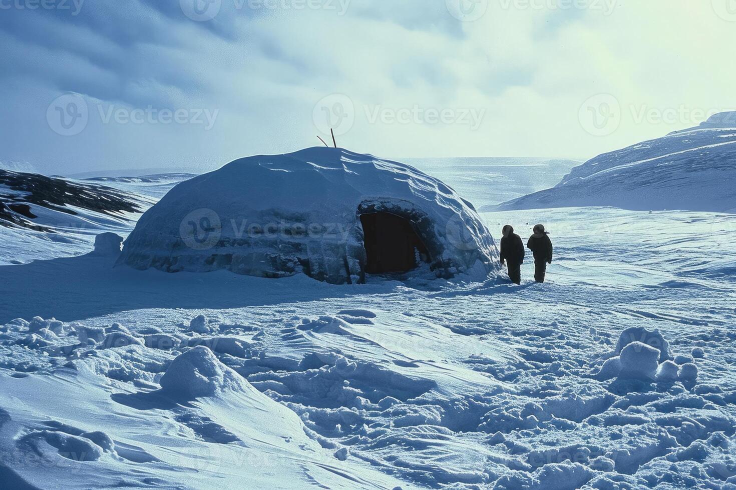 A peaceful igloo village in the heart of the tundra, illuminated by the glow of the stars. photo