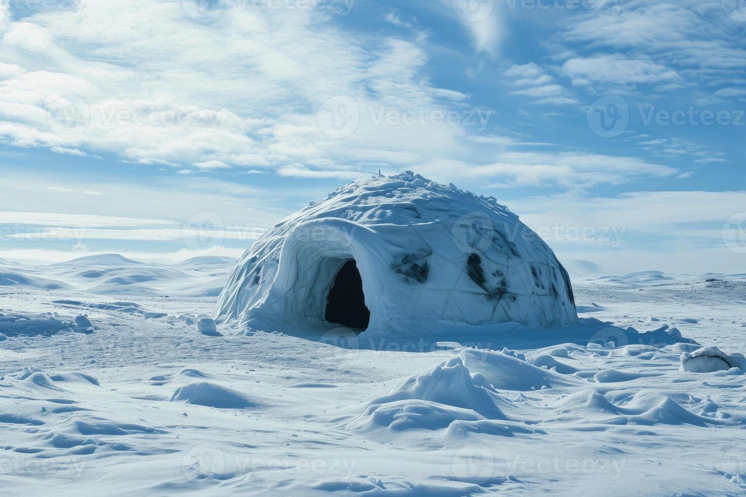A cozy igloo glowing warmly, surrounded by snow-covered trees on a serene winter night. photo