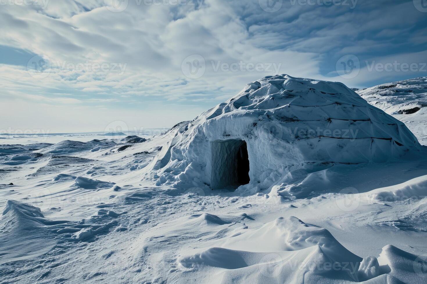 An Inuit igloo standing amidst a vast, frozen expanse beneath a twinkling night sky. photo