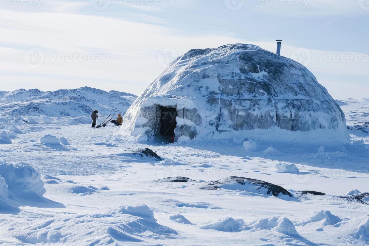 A quaint igloo in the frozen tundra, with smoke rising gently from an entrance chimney. photo