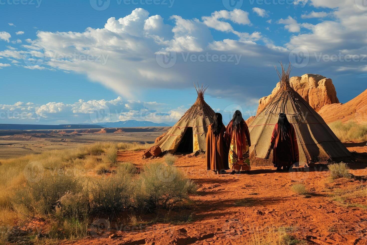 Navajo families in colorful tribal wear live amid towering cliffs and dry valleys where every garment carries meaning and memory photo