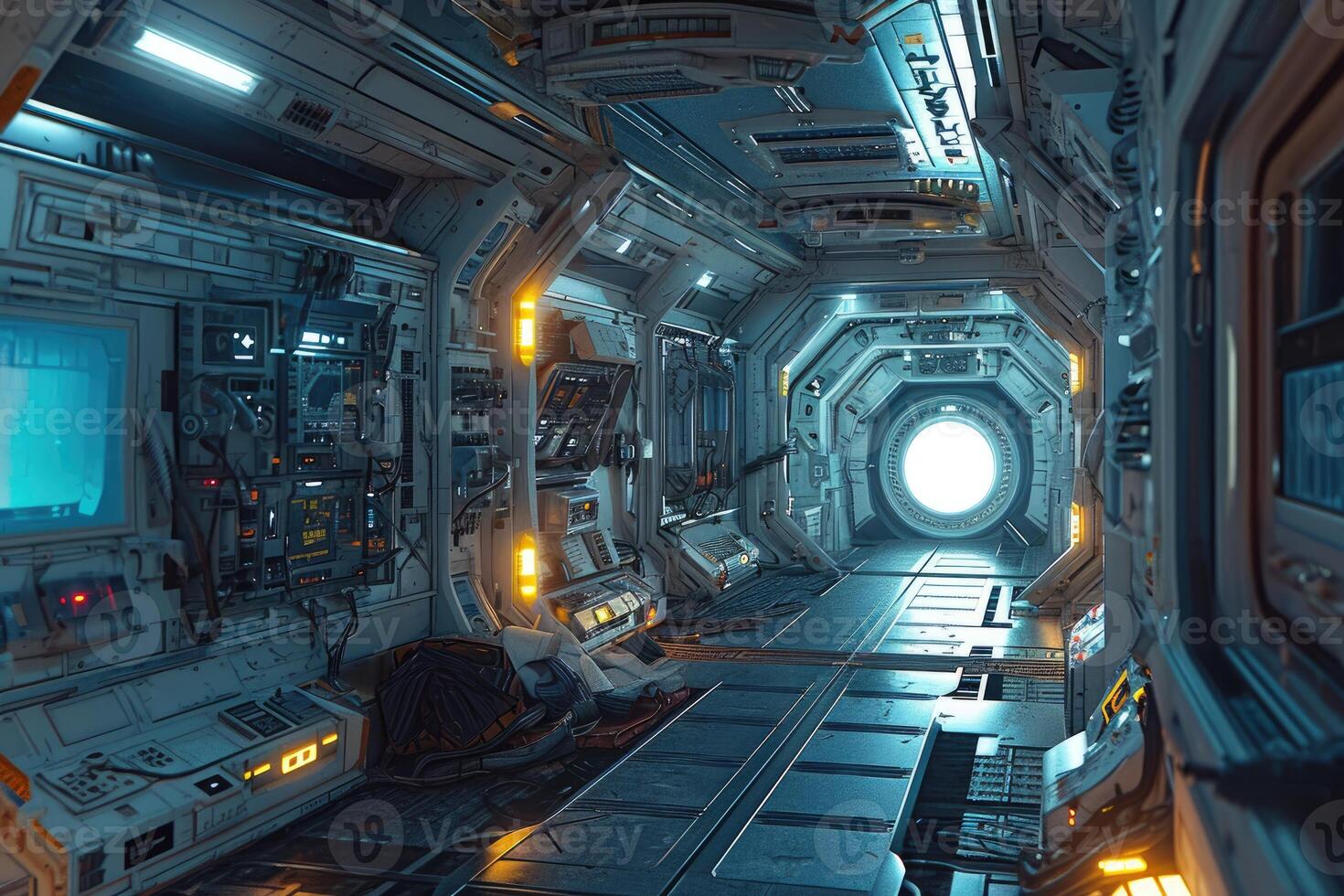In the heart of a high-tech space station, a corridor lined with sophisticated equipment leads to a circular window offering a breathtaking view of the cosmos photo