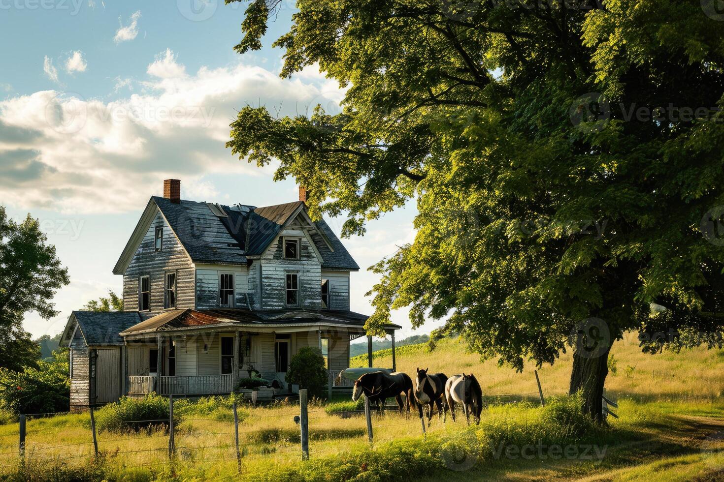 A charming farmhouse with wooden shutters stands among red maple trees as horses wander nearby in a crisp autumn breeze photo
