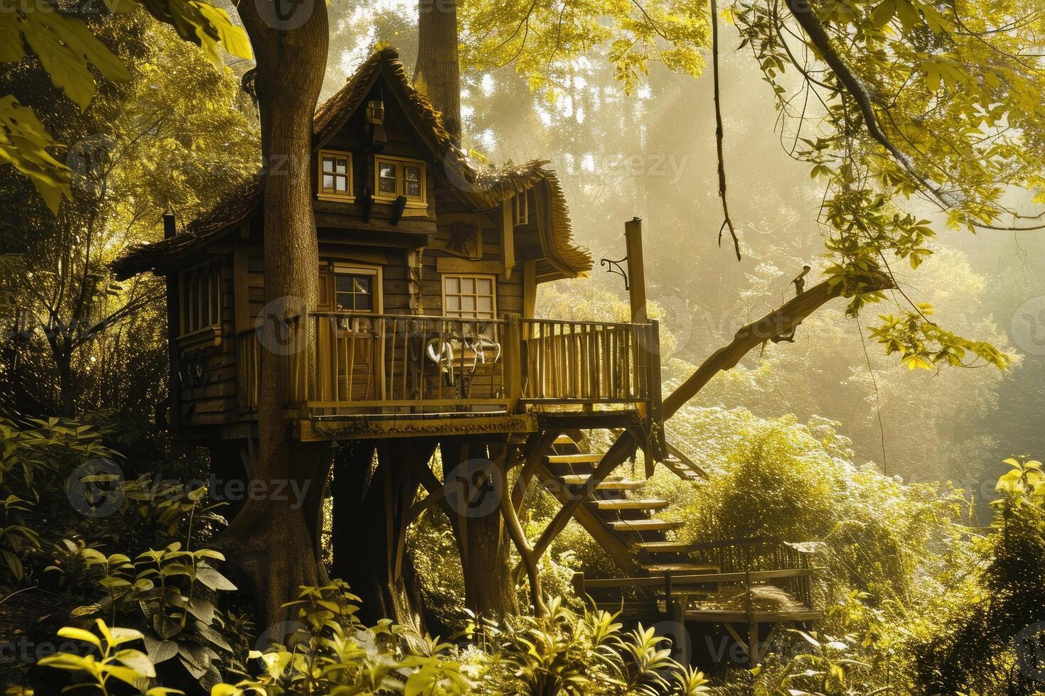 High in the trees, a cozy wooden retreat offers the perfect solitude, with sunlight streaming through the green leaves and filling the space with warmth photo
