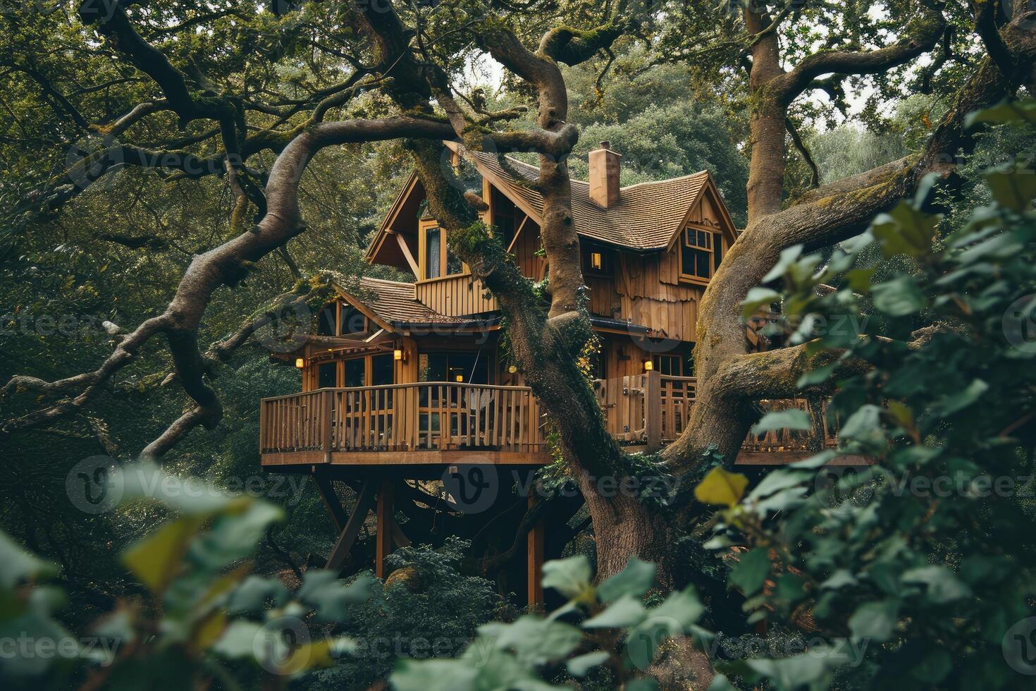 In the heart of a vibrant forest, a charming wooden treehouse rests among thick branches with sunlight casting golden patterns on the floor photo