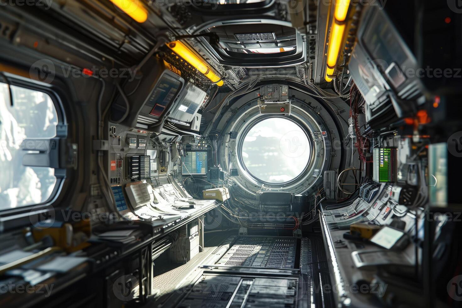 The walls of a space station's corridor are lined with glowing instruments, while a circular window offers a glimpse into the vastness of outer space photo