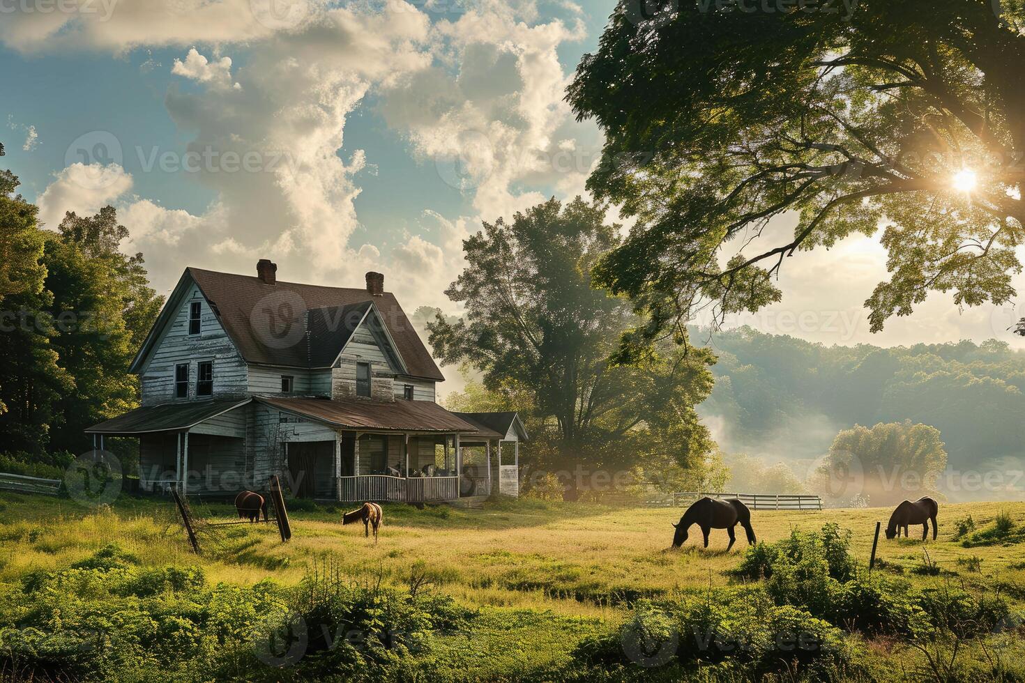 Autumn leaves swirl through the air around a farmhouse where horses graze quietly creating a scene of rustic serenity photo