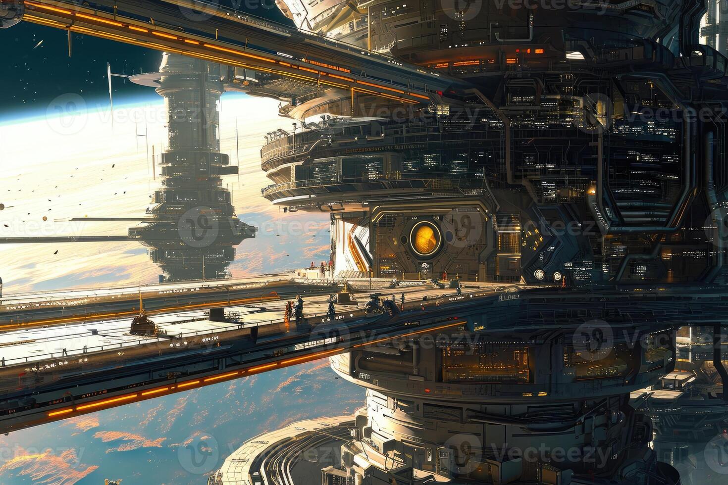 A futuristic passageway inside a high-tech space station with sleek metallic walls, illuminated control panels, and a glowing circular window showing distant stars photo