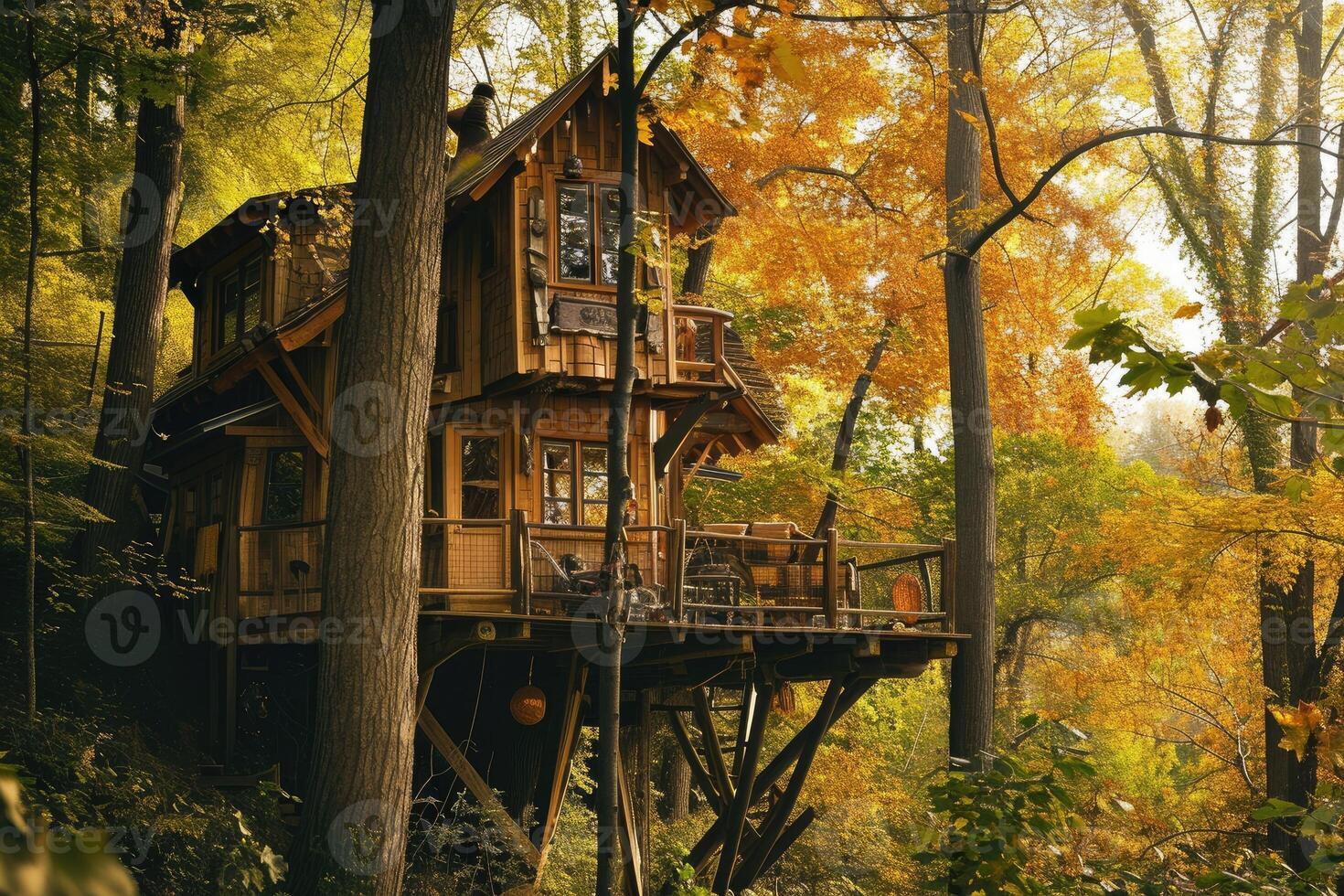 Amidst the vibrant foliage of a forest, a quaint wooden treehouse rests in harmony with nature, illuminated by sunlight filtering through the trees photo