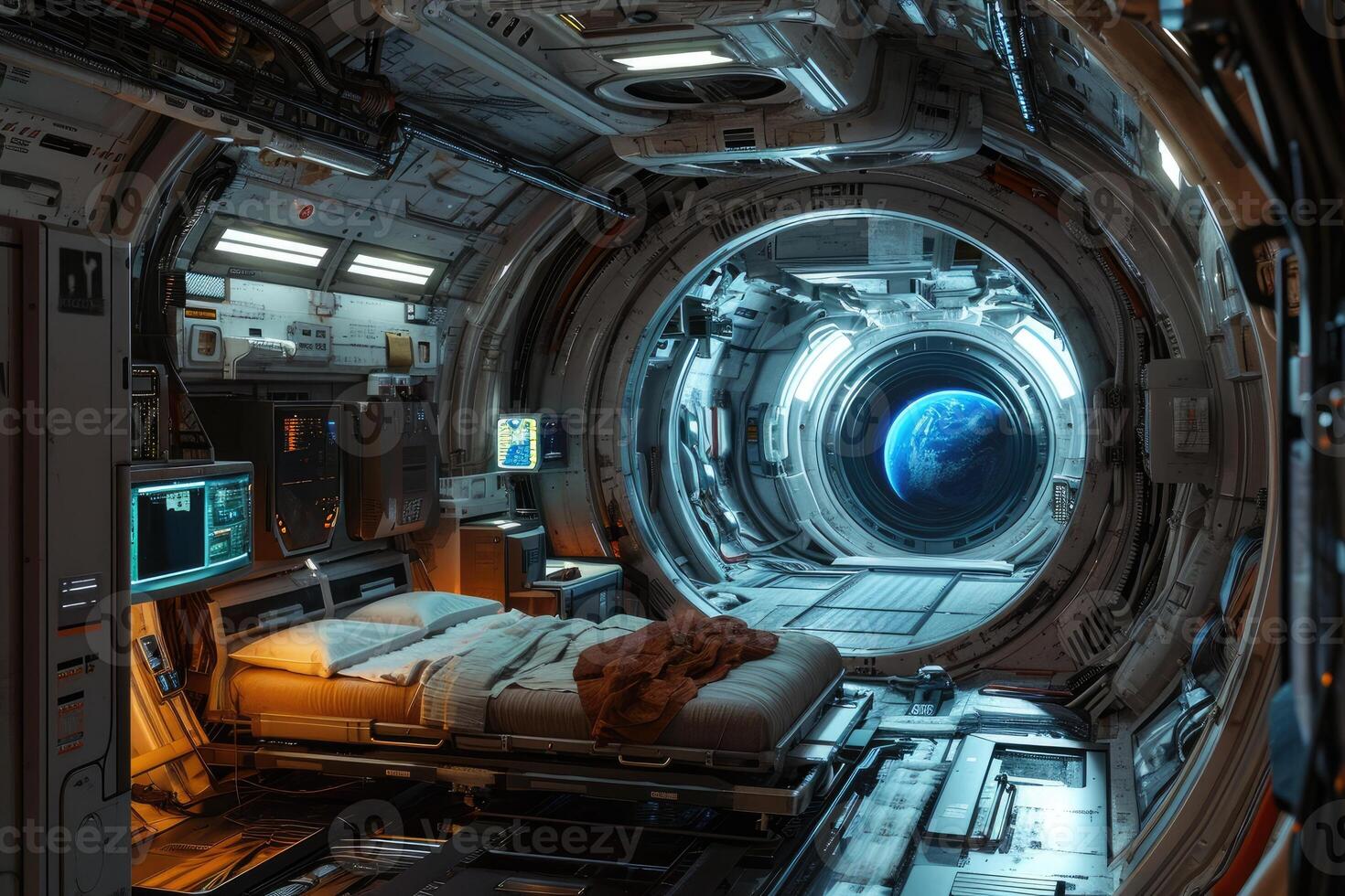 A futuristic space station corridor is illuminated by soft light from advanced equipment and a glowing circular window revealing the mysteries of the universe photo