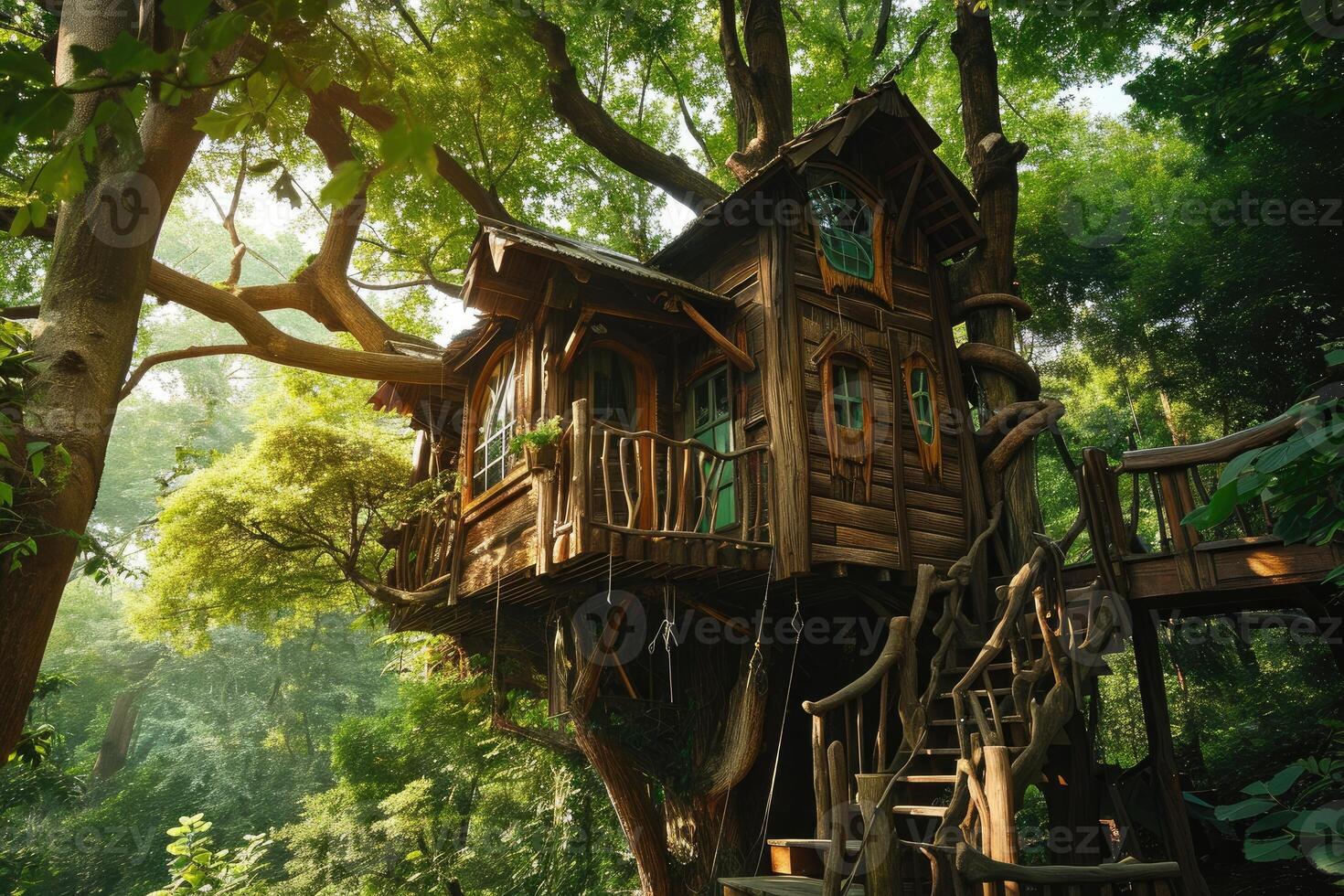 A charming treehouse made of weathered wood sits nestled in a dense green forest, bathed in golden sunlight filtering through the treetops photo