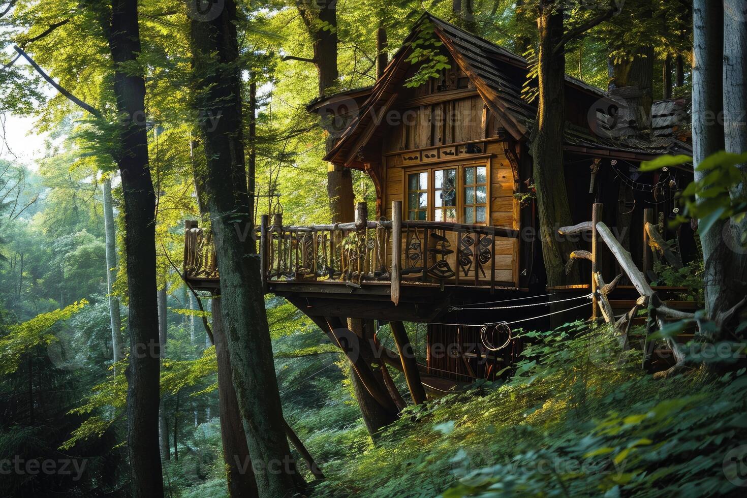 A cozy wooden treehouse sits high in the branches, bathed in dappled sunlight that filters through the dense green canopy of the forest photo