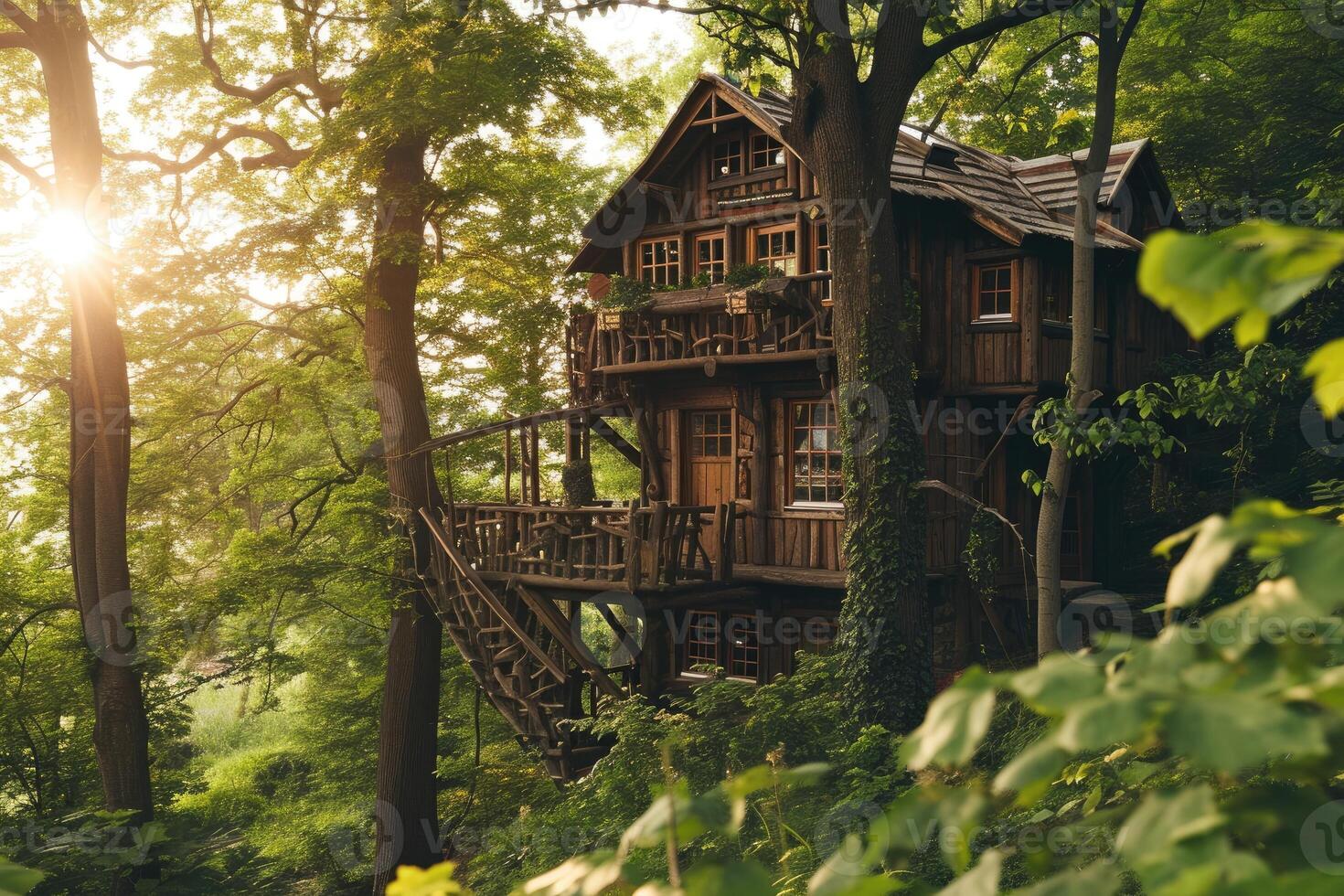 This secluded treehouse, surrounded by the rich green of the forest, exudes calm with sunlight casting soft rays through the leaves above photo