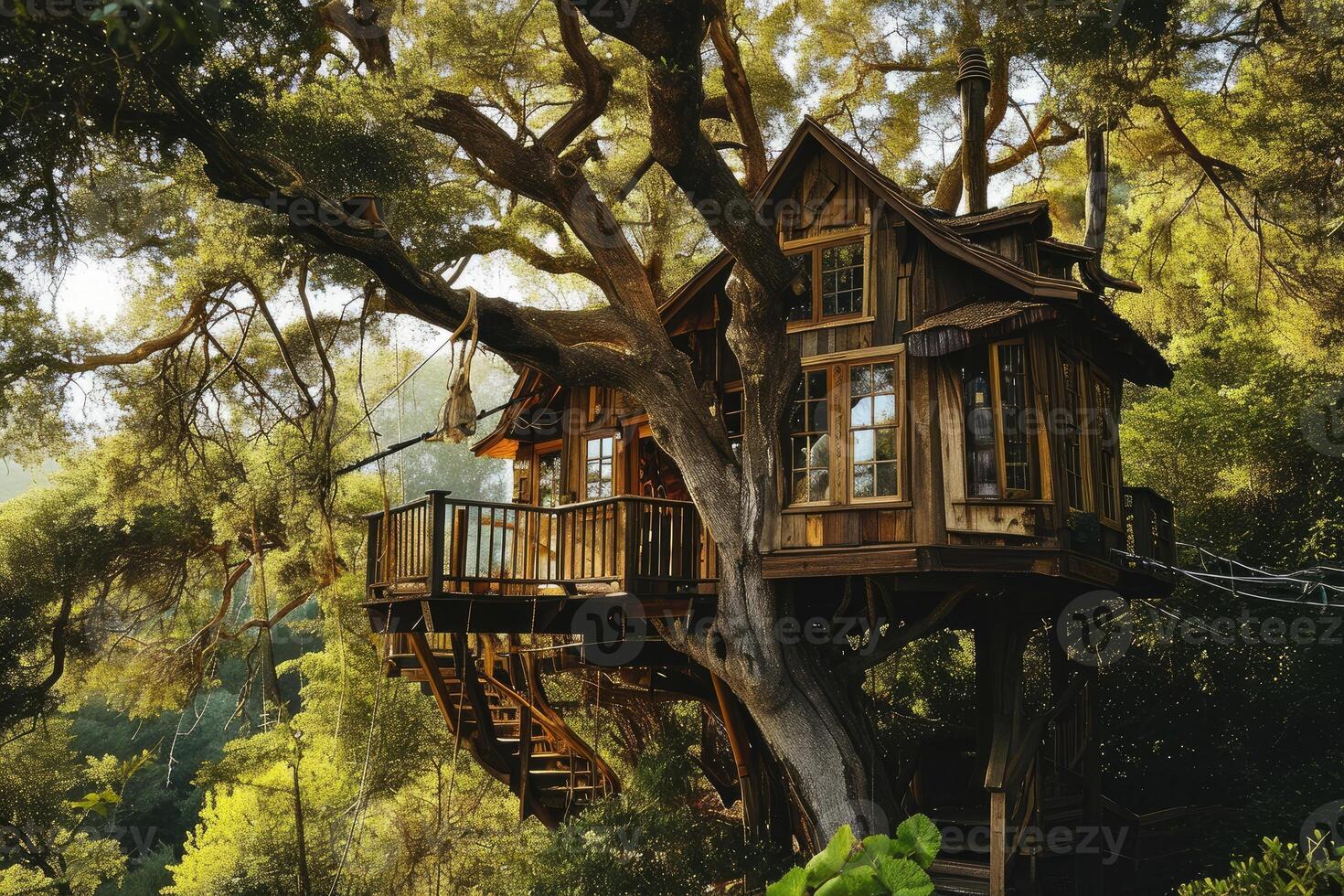 Surrounded by towering trees, a rustic treehouse basks in the warmth of sunlight breaking through the leaves, offering a peaceful escape photo