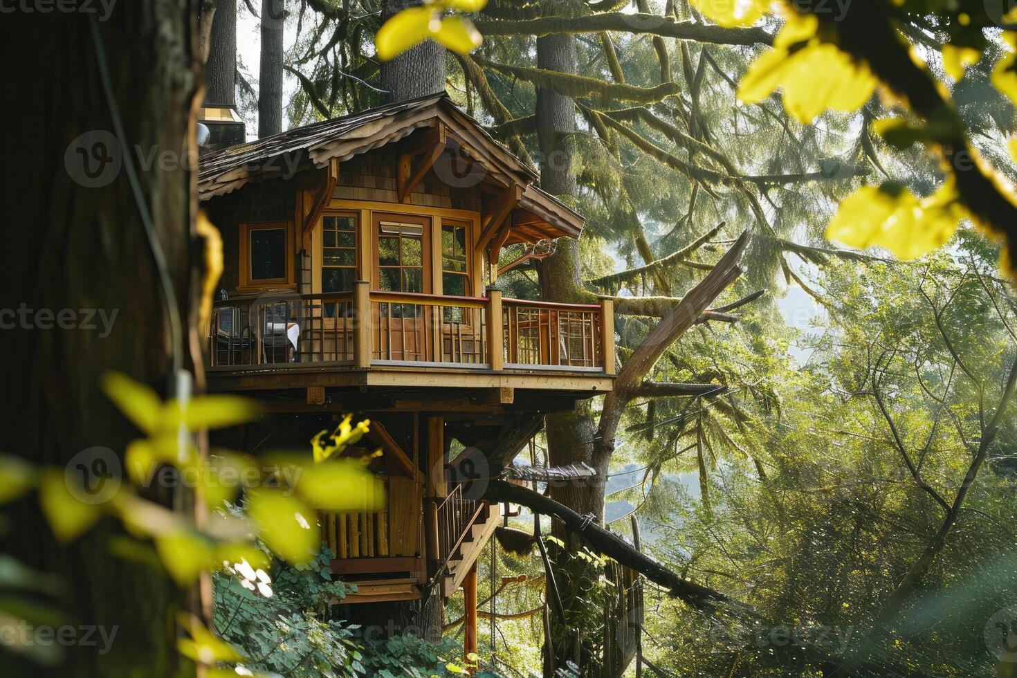 Nestled among the trees, a rustic treehouse is bathed in gentle sunlight, offering a peaceful retreat within the stillness of nature photo