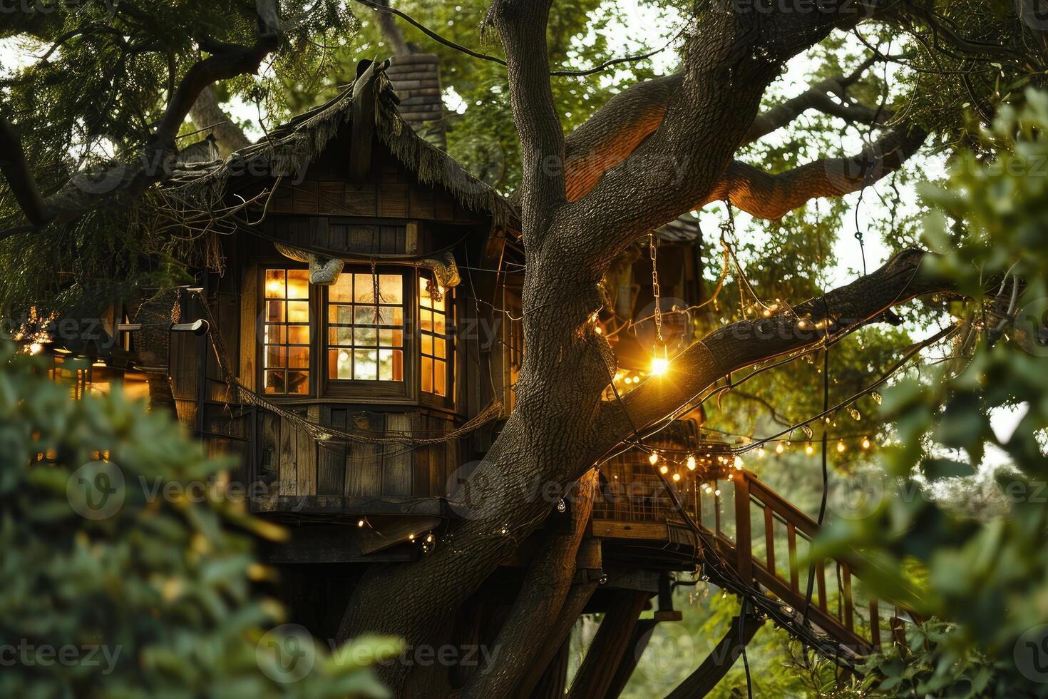 A secluded wooden treehouse in the heart of a lush forest glows softly as sunlight pierces the canopy, creating a serene and natural refuge photo
