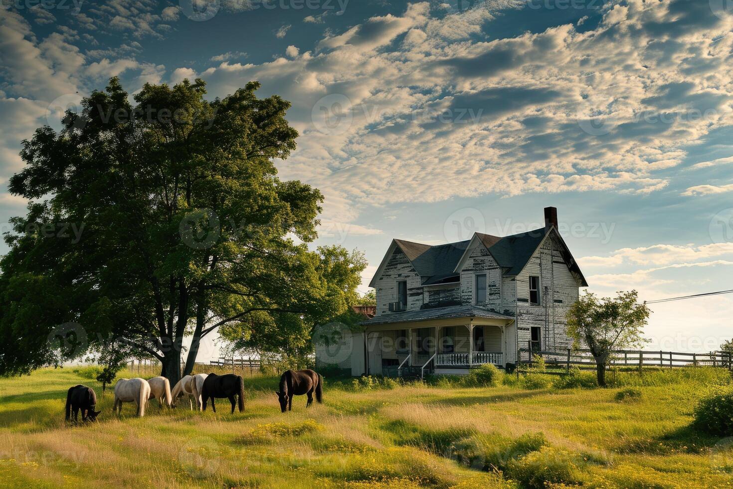 A white farmhouse with a red barn nearby sits in a valley filled with autumn trees and open fields dotted with grazing horses photo