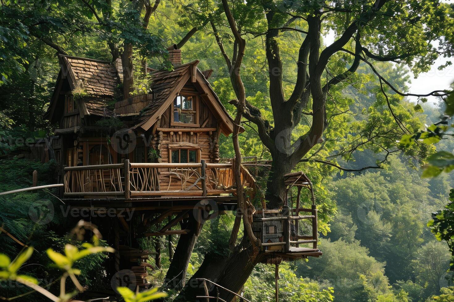 The tranquil beauty of a forest treehouse is highlighted by sunlight streaming through the leaves, perfect for solitude and simple living photo