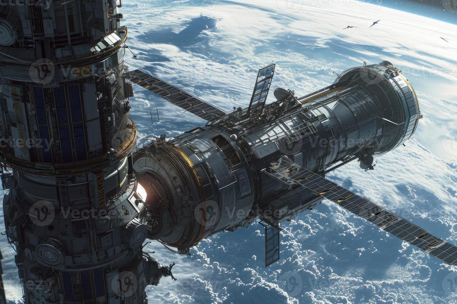 A high-tech corridor within a space station is filled with advanced scientific devices, and a glowing window looks out onto the infinite expanse of space photo
