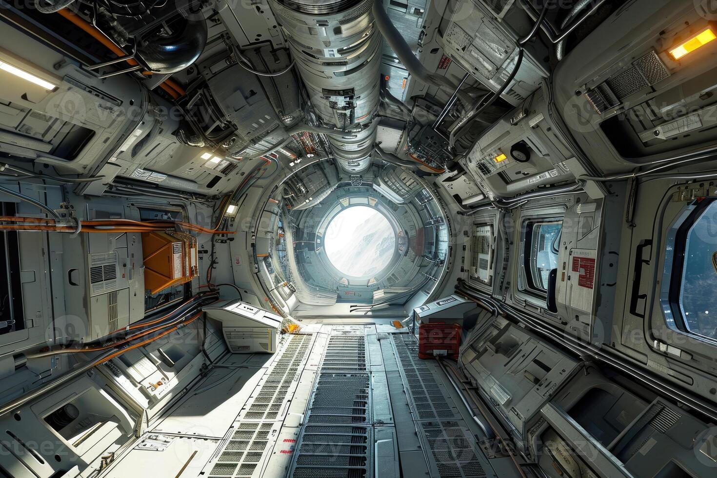 This detailed view of a space station corridor highlights advanced technological equipment and a glowing circular window providing a peek into the universe beyond photo