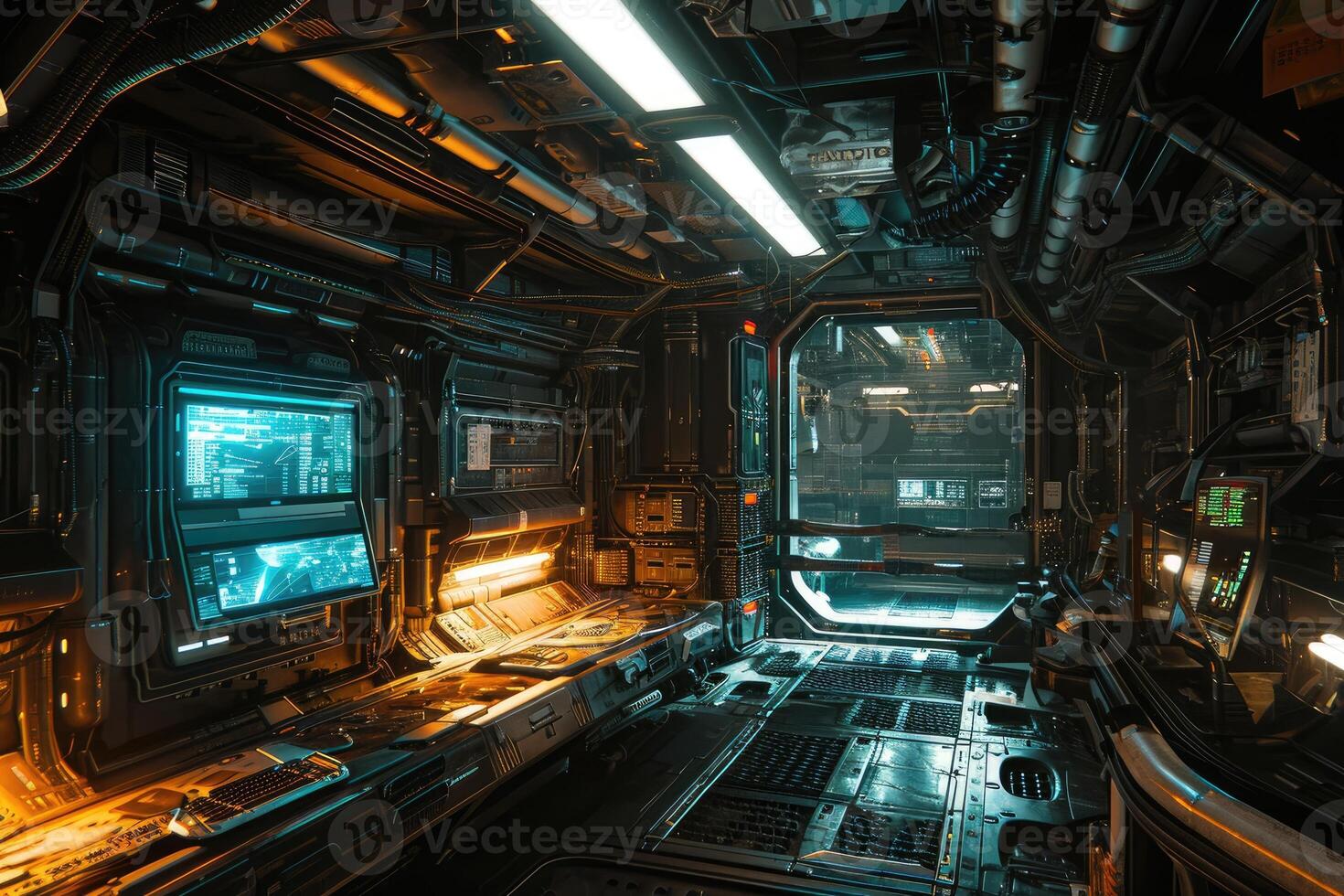 Inside the cutting-edge space station, a corridor filled with advanced technology culminates in a large circular window that shows the beauty of outer space photo