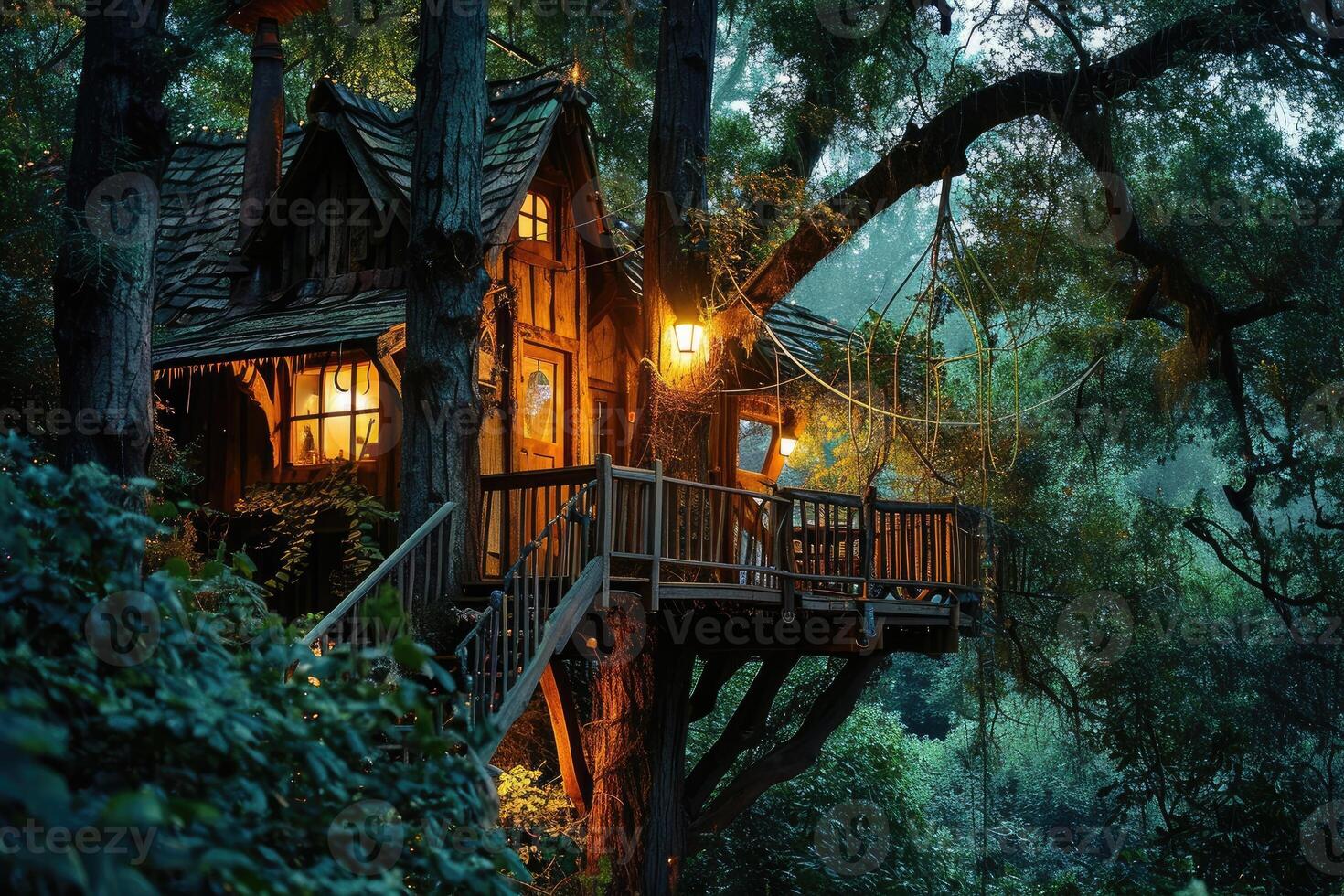 The beauty of nature surrounds a serene treehouse, where rays of sunlight dance on the wooden walls and the forest hums quietly with life photo
