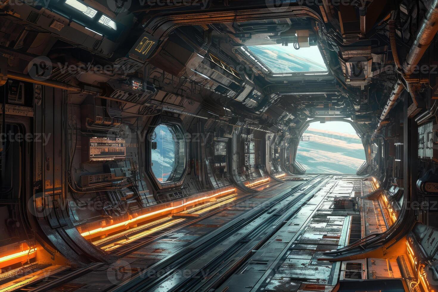 Inside a futuristic space station, an illuminated passageway leads to a circular window showcasing the beauty of deep space with stars and nebulae photo