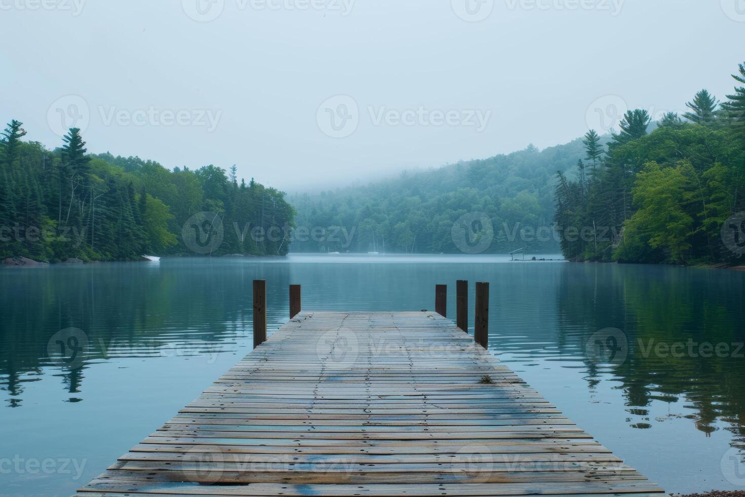 Serene Lake View With Wooden Pier and Misty Forest, A serene and peaceful waterfront setting for a meditation podcast photo