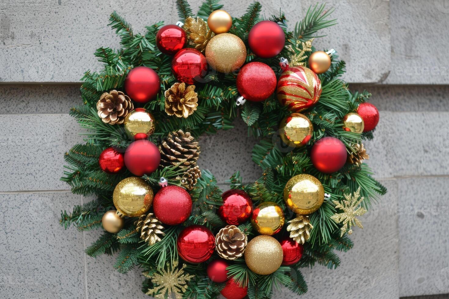 Festive Christmas Wreath with Red and Gold Ornaments, A traditional Christmas wreath with red and gold baubles photo
