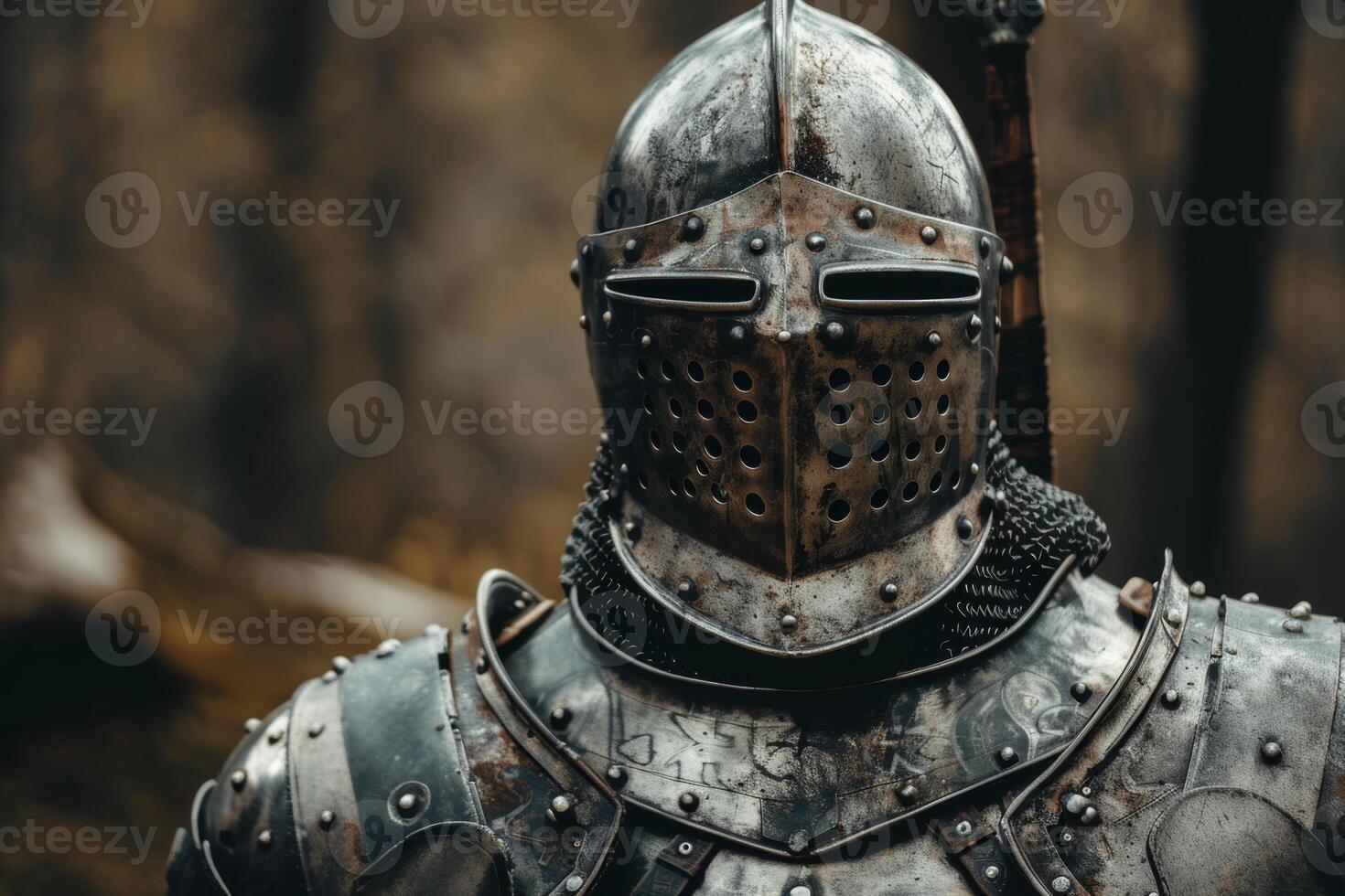 Medieval Knight in Full Suit of Armor in Forest Setting, A stylised armoured knight representing cybersecurity photo