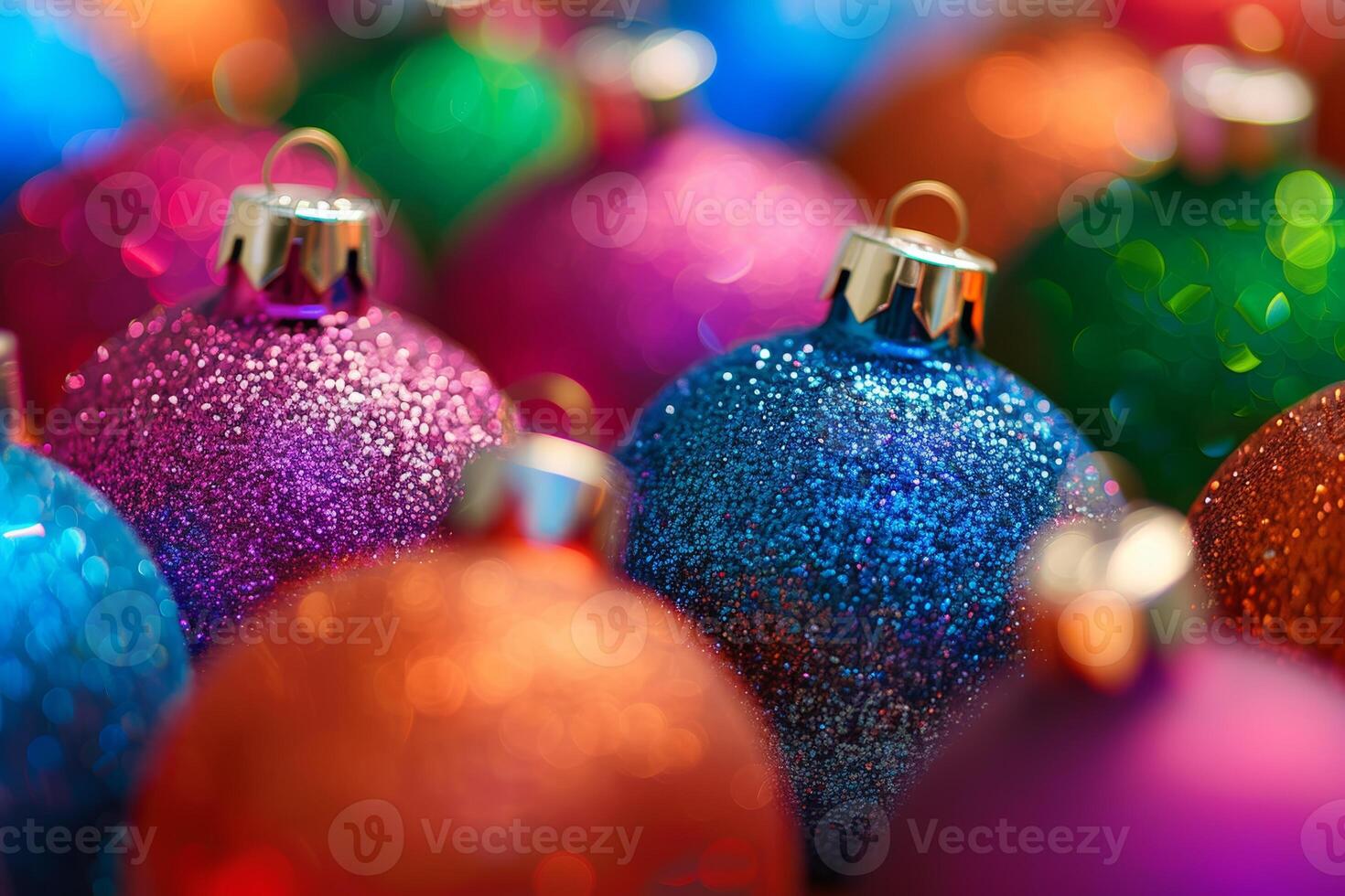 Colorful Christmas Baubles with Festive Sparkling Glitter Highlights, Vibrant Festive Christmas Ornaments with Glitter and Colorful Shine, A vibrant close up of multicolored Christmas ornaments photo