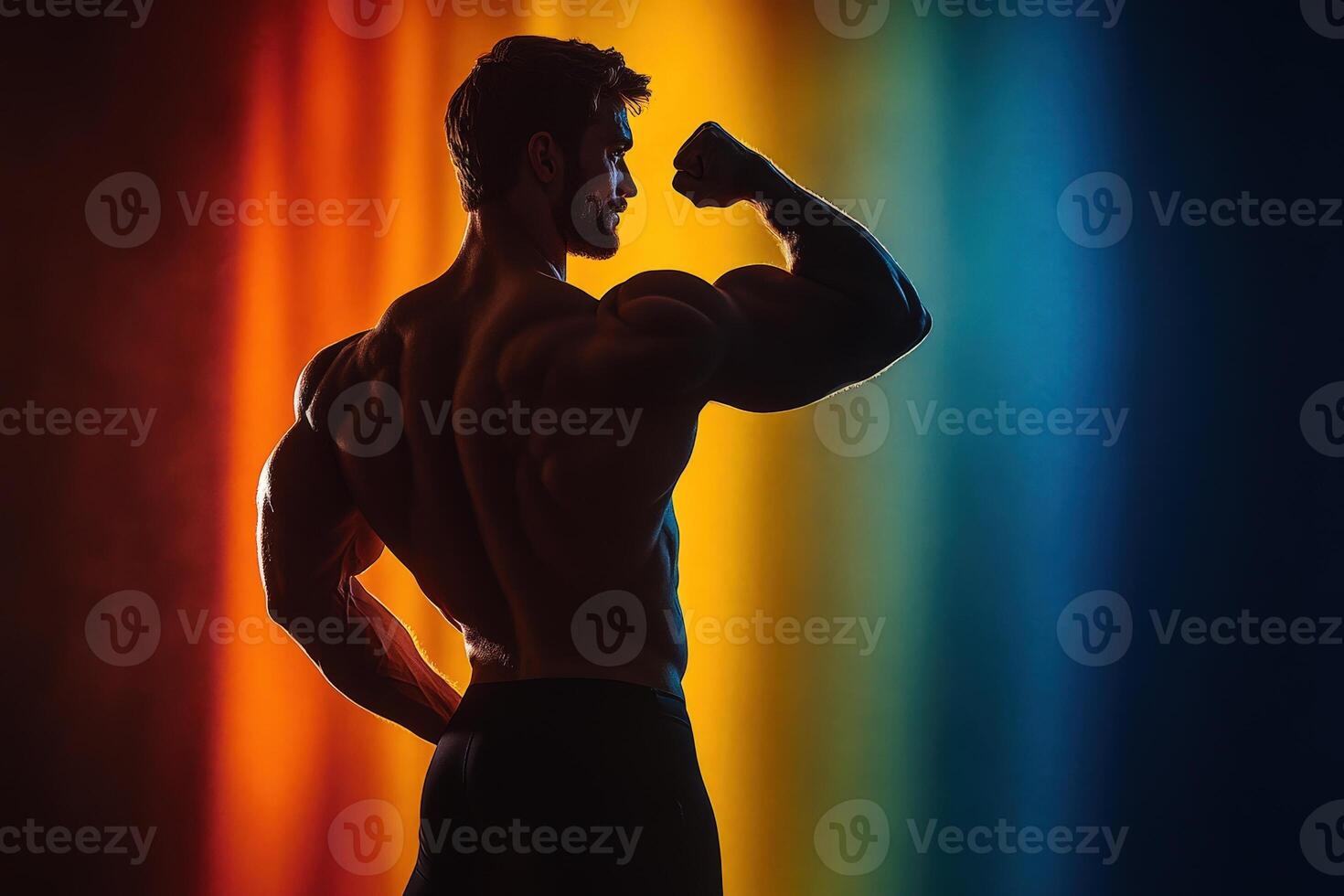 Muscular Man Flexing His Bicep Against a Vibrant, Colorful Backdrop in a Fitness Studio photo