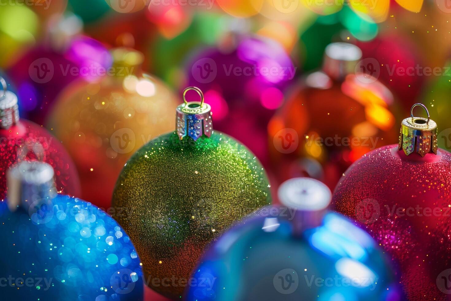 Colorful Christmas Ornaments with Glittering Festive Decorations, A vibrant close up of multicolored Christmas ornaments photo