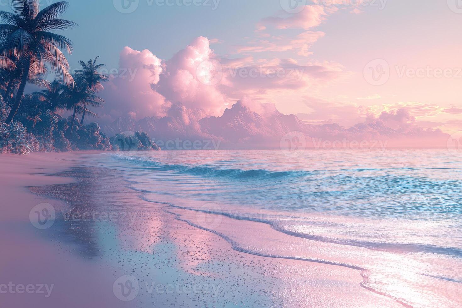 Beautiful Tropical Beach at Dawn With Gentle Waves and Pastel Sky Reflecting on the Water photo