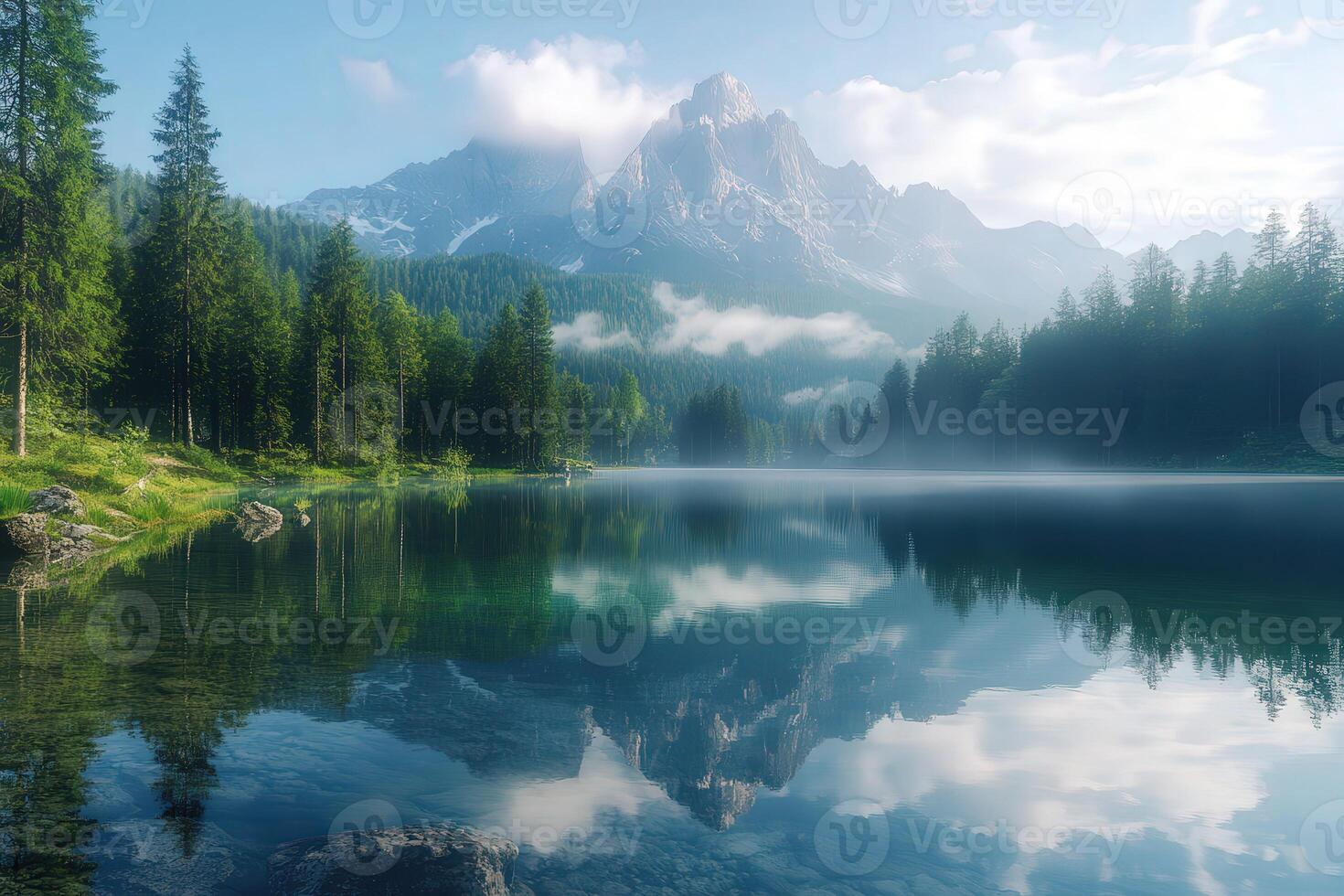 Mountain Landscape With Serene Lake and Morning Mist Reflecting Trees and Peaks in the Dolomites photo