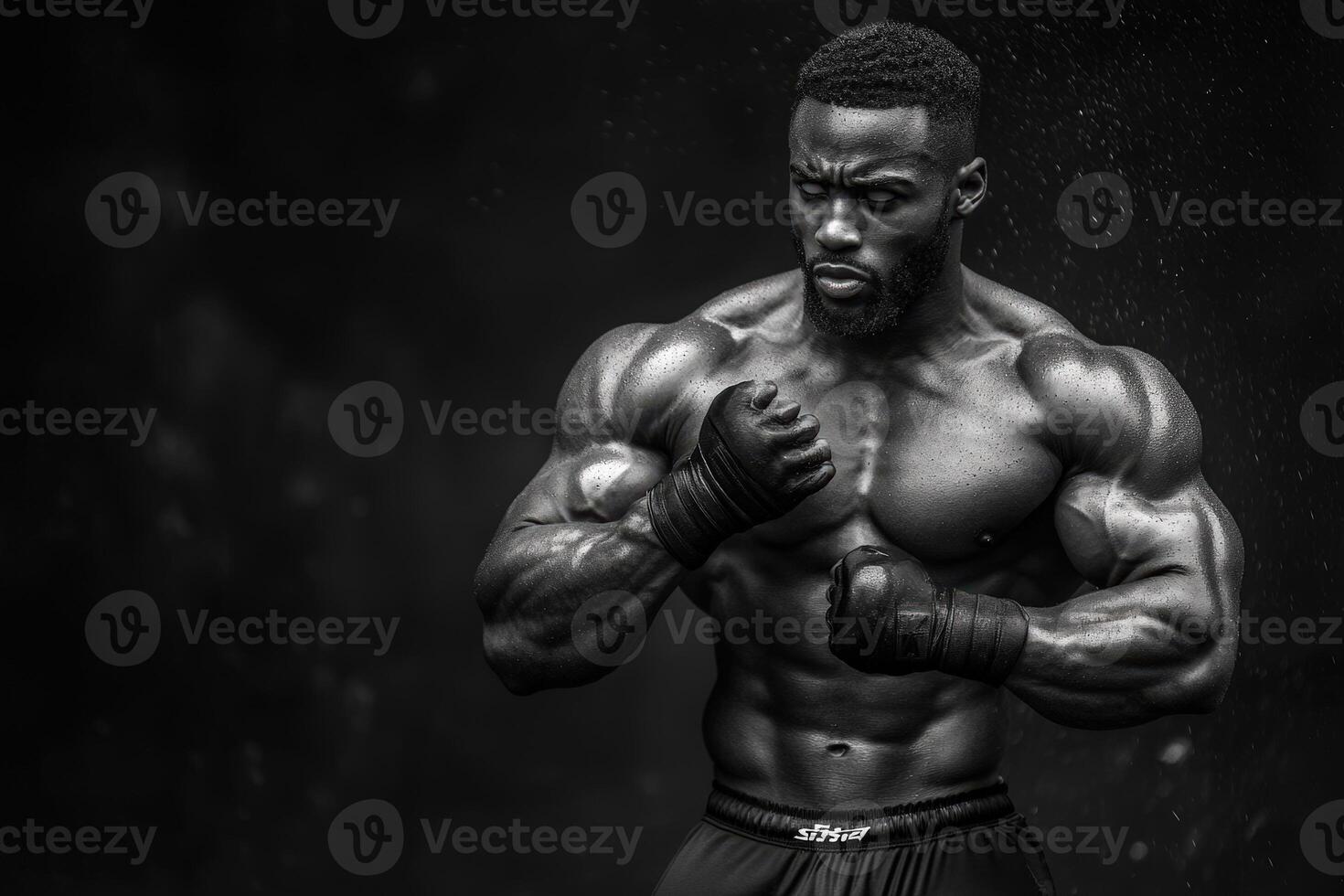 Bodybuilder Flexes Muscles Showcasing Strength in a Dramatic Black and White Setting Emphasizing Athleticism and Power photo
