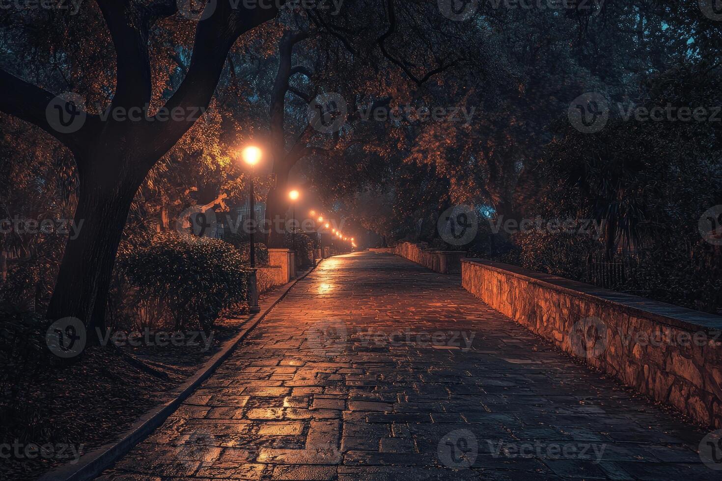 Misty Evening Walk on a Cobblestone Path Lined With Glowing Street Lamps Beneath Ancient Trees photo