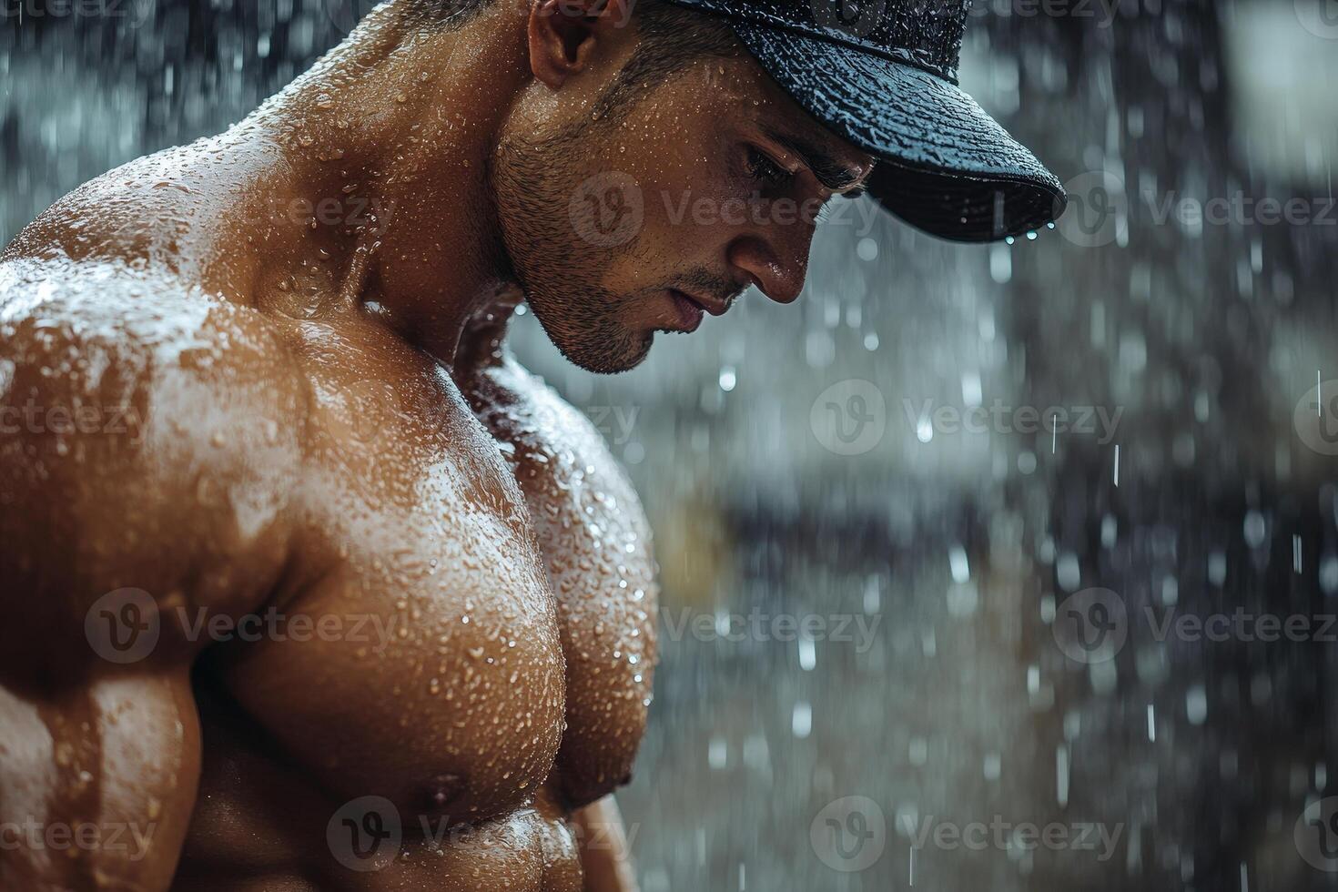Muscular Man Working out in the Rain Showcasing Dedication and Strength During an Intense Training Session photo