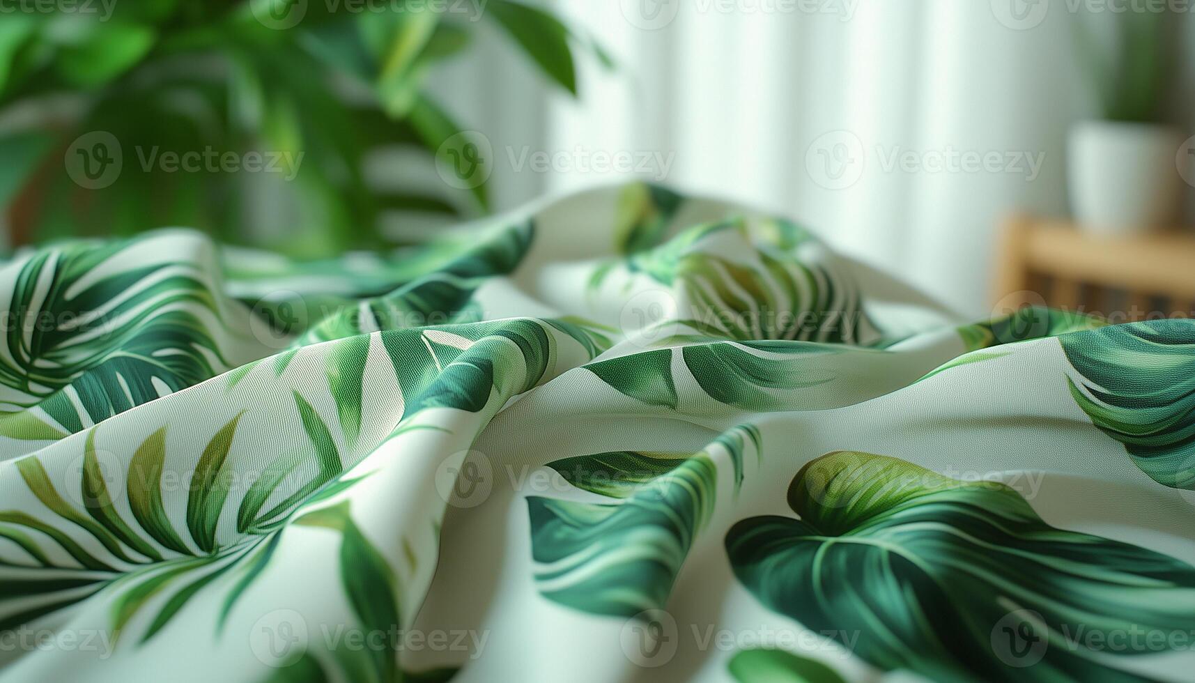 A green and white tropical leaf print fabric photo