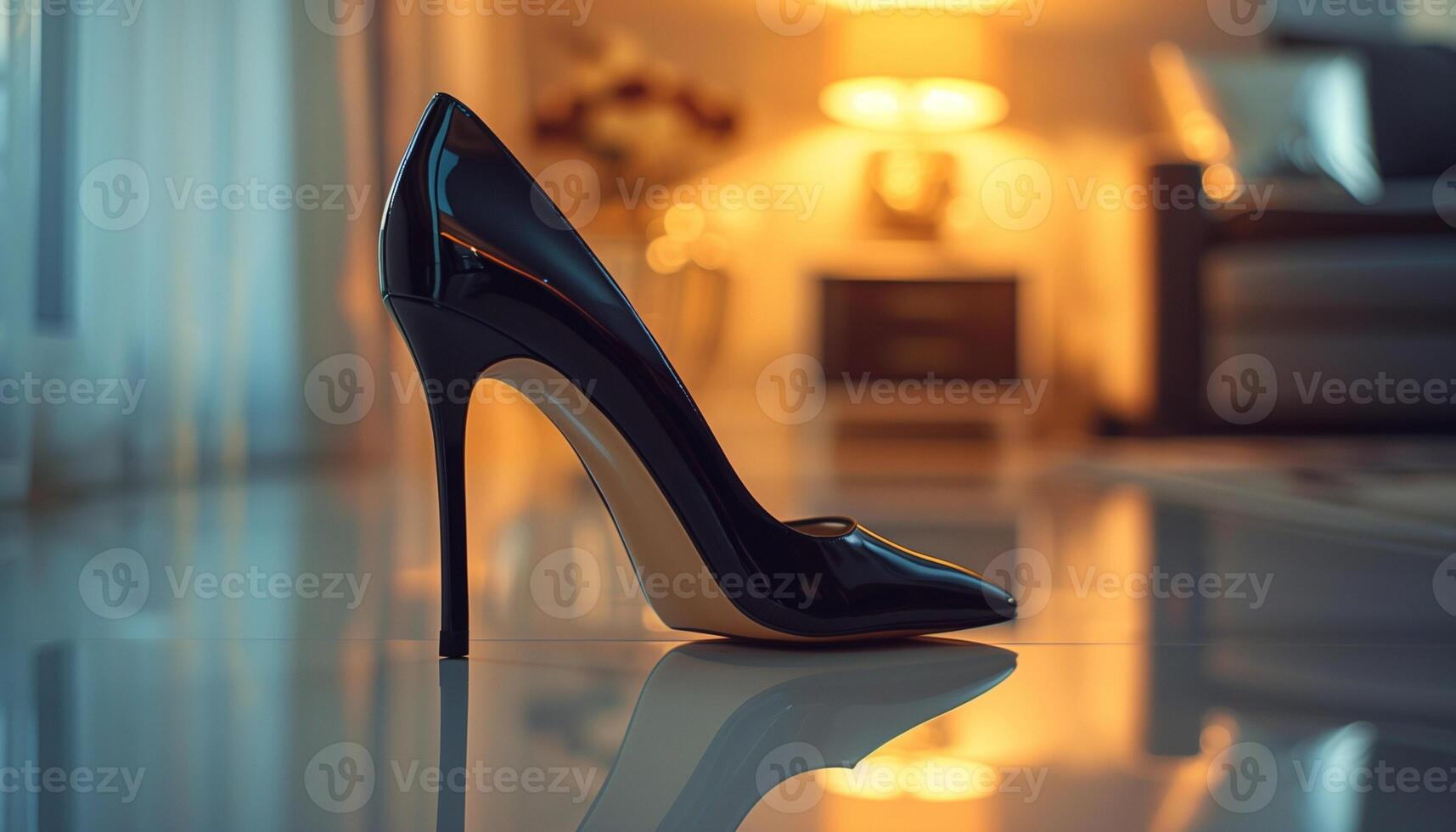 A black high heeled shoe on a white floor photo