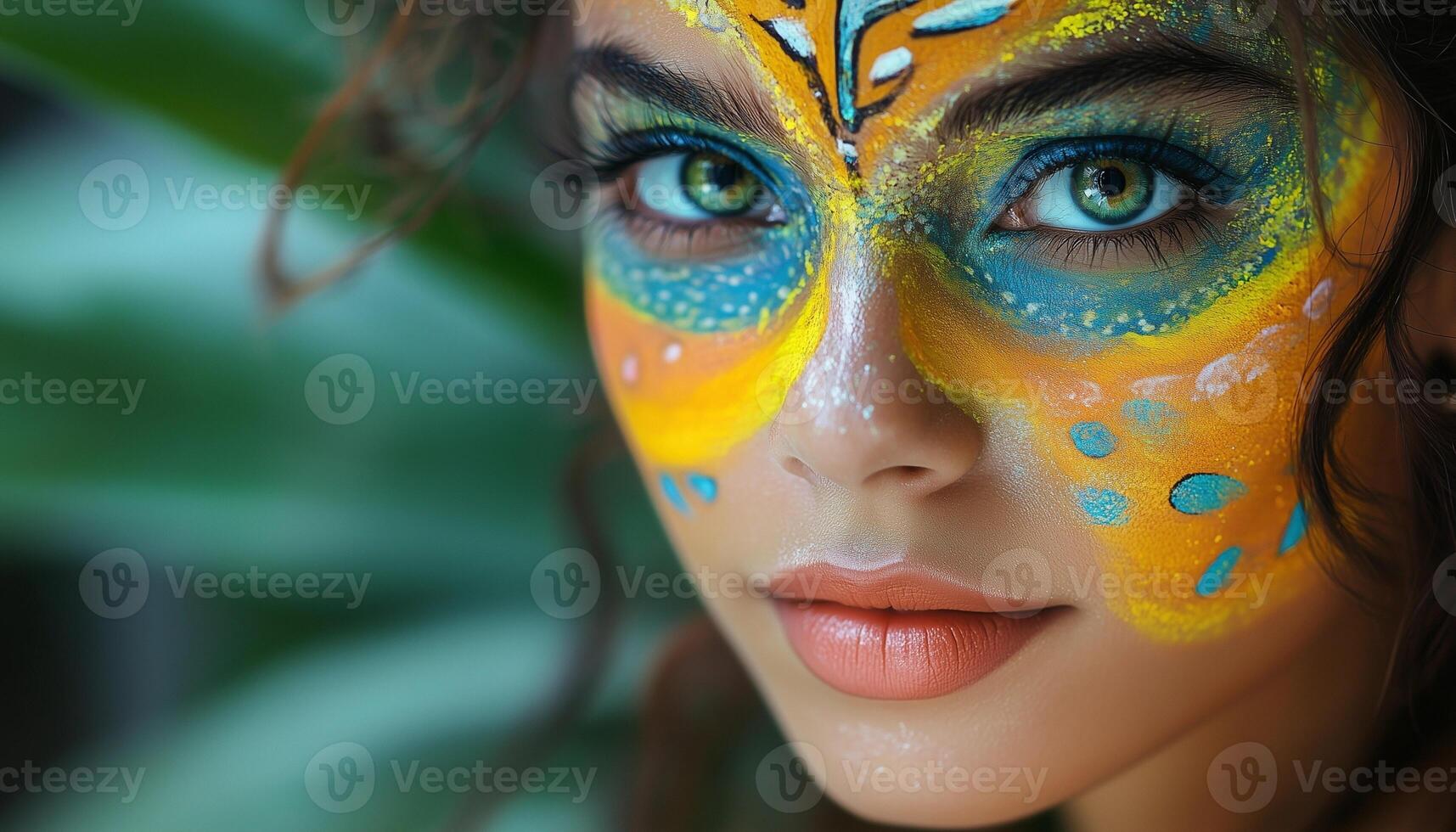 A woman with a colorful face paint and butterfly wings photo