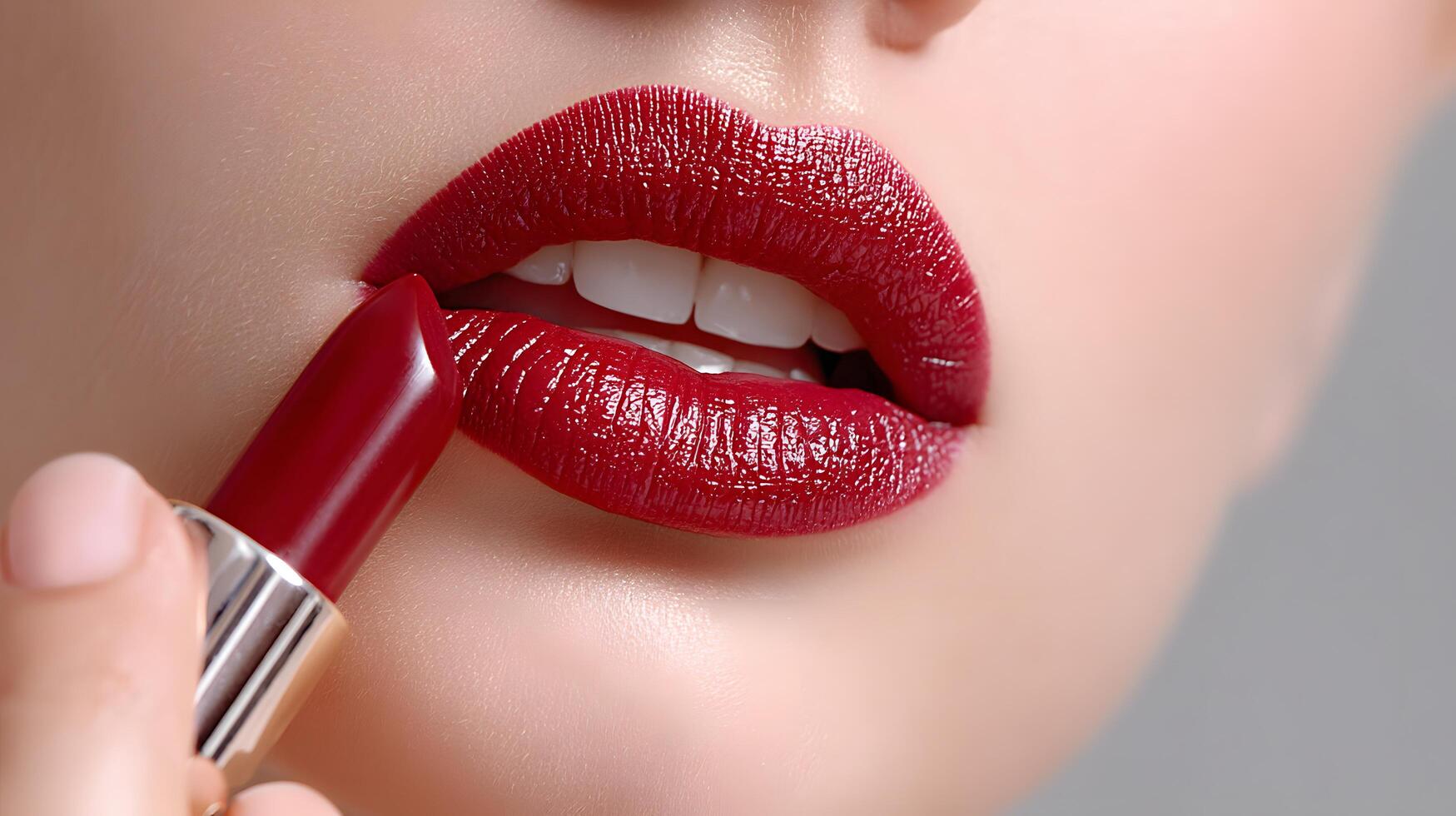 Close up of Woman Applying Deep Red Lipstick Sensual Lips Makeup Application photo