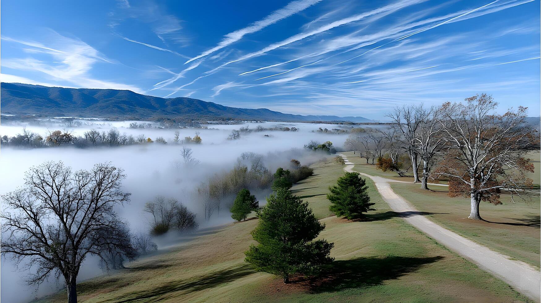 Serene Autumn Morning Mist over River Valley Scenic Pathway Mountain Views photo