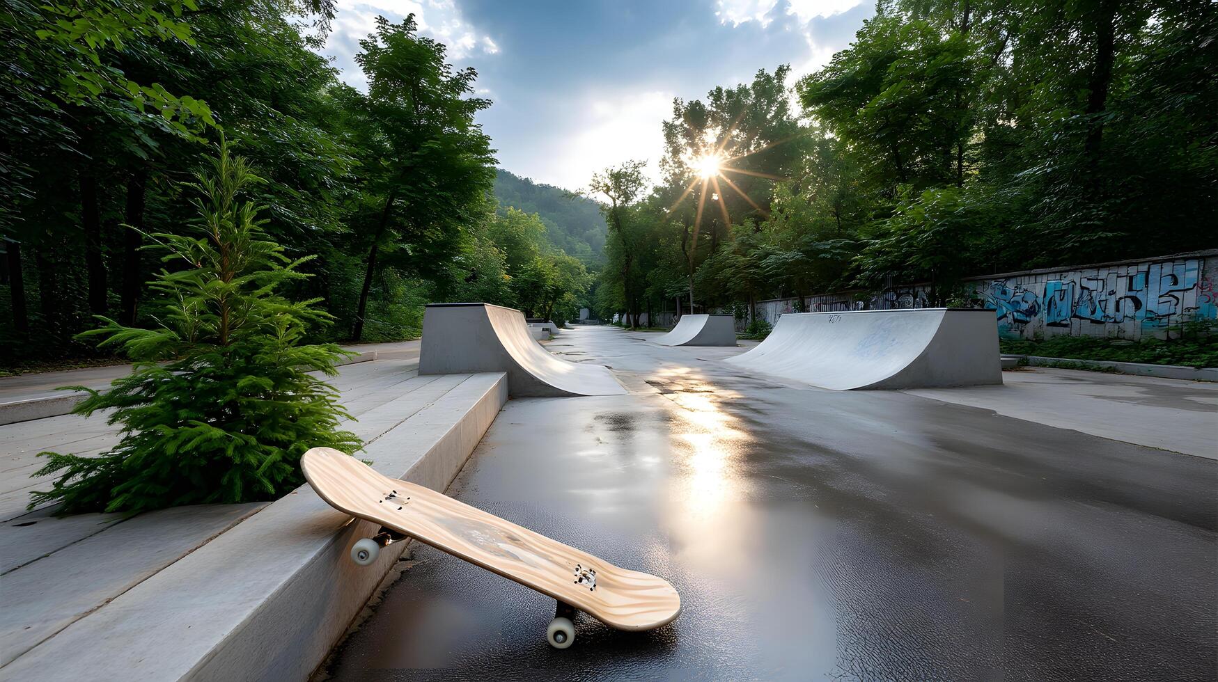 Skateboard Resting at Modern Skate Park in Lush Green Park Setting photo