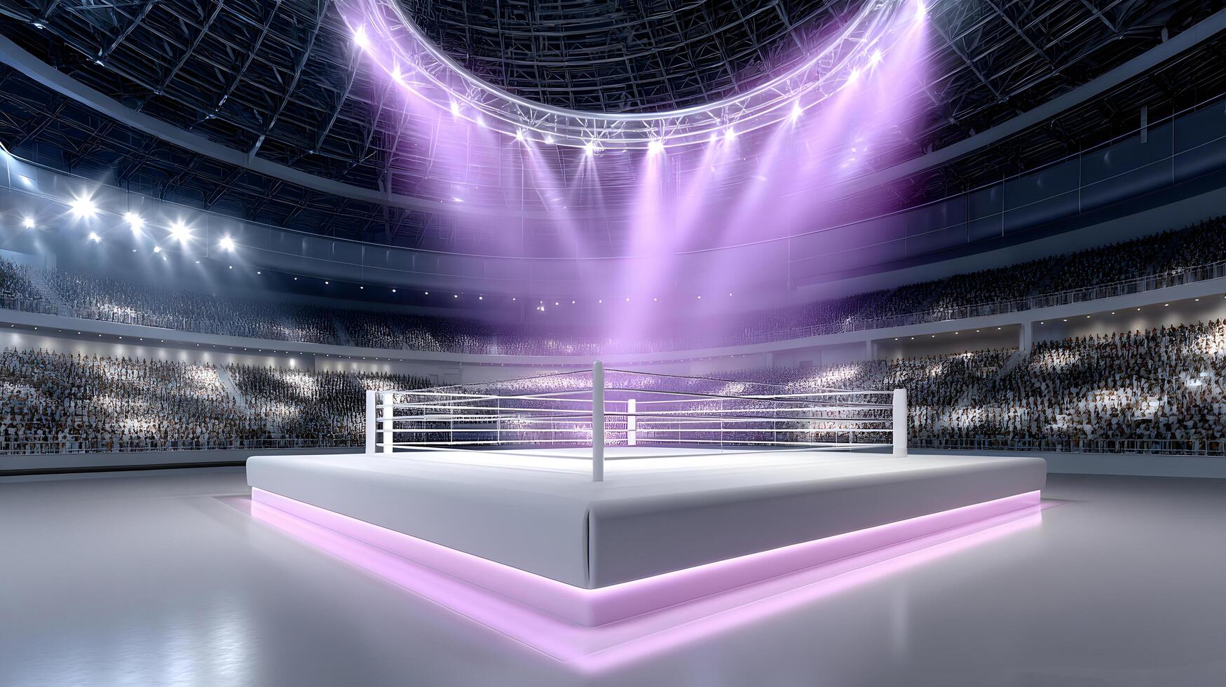 Empty Boxing Ring in a Large Stadium with Spotlights and Crowd photo