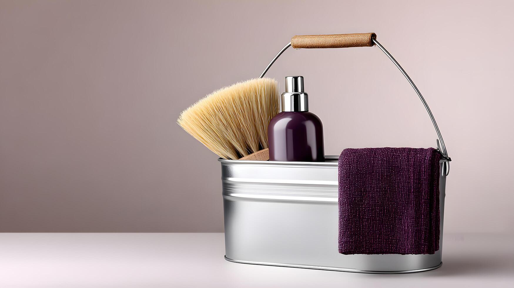 Cleaning Supplies in Metal Caddy Brush Spray Bottle Towel photo