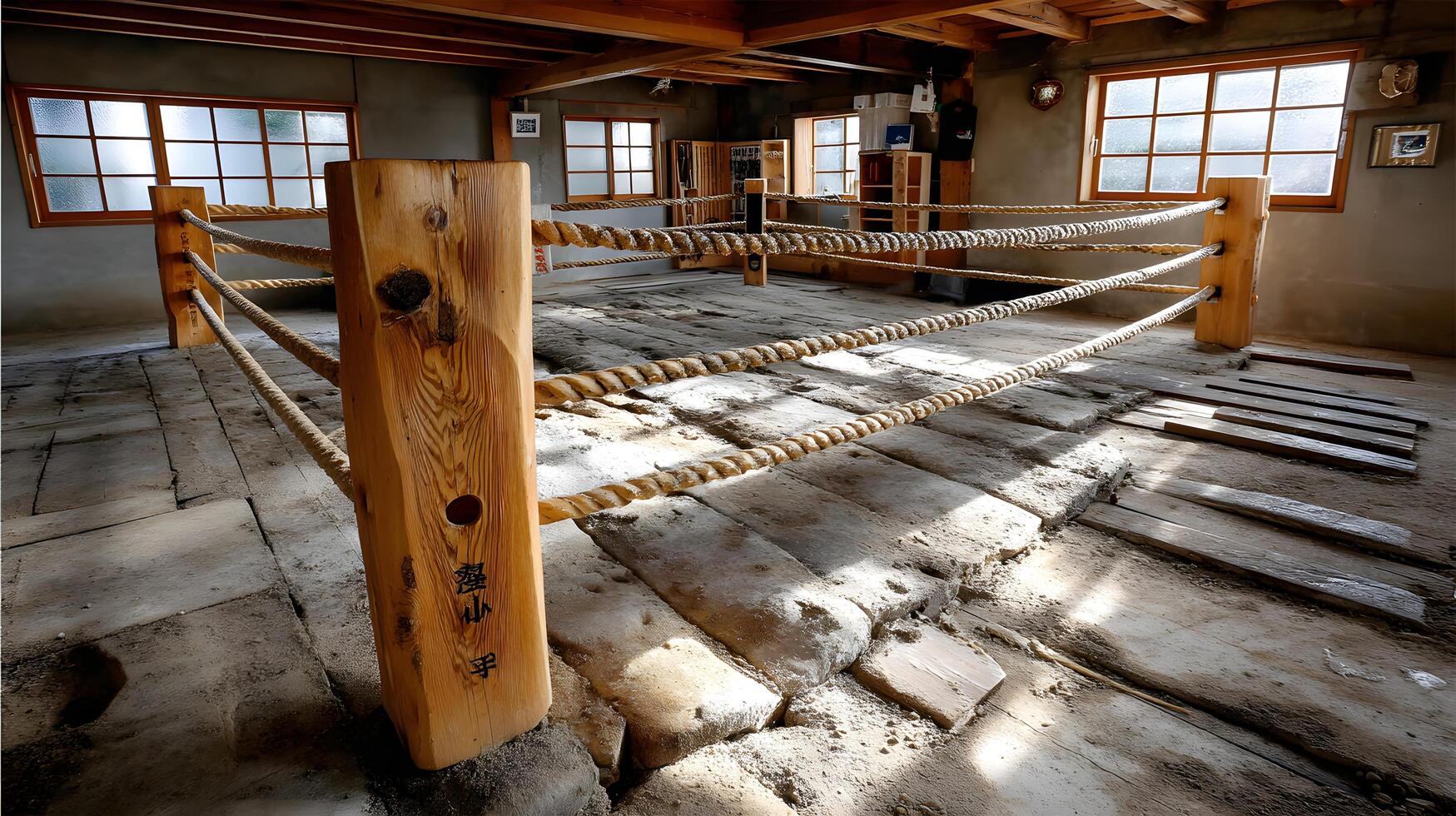 Rustic Wooden Boxing Ring Traditional Japanese Dojo Worn Floor Historic Martial Arts Training Area photo