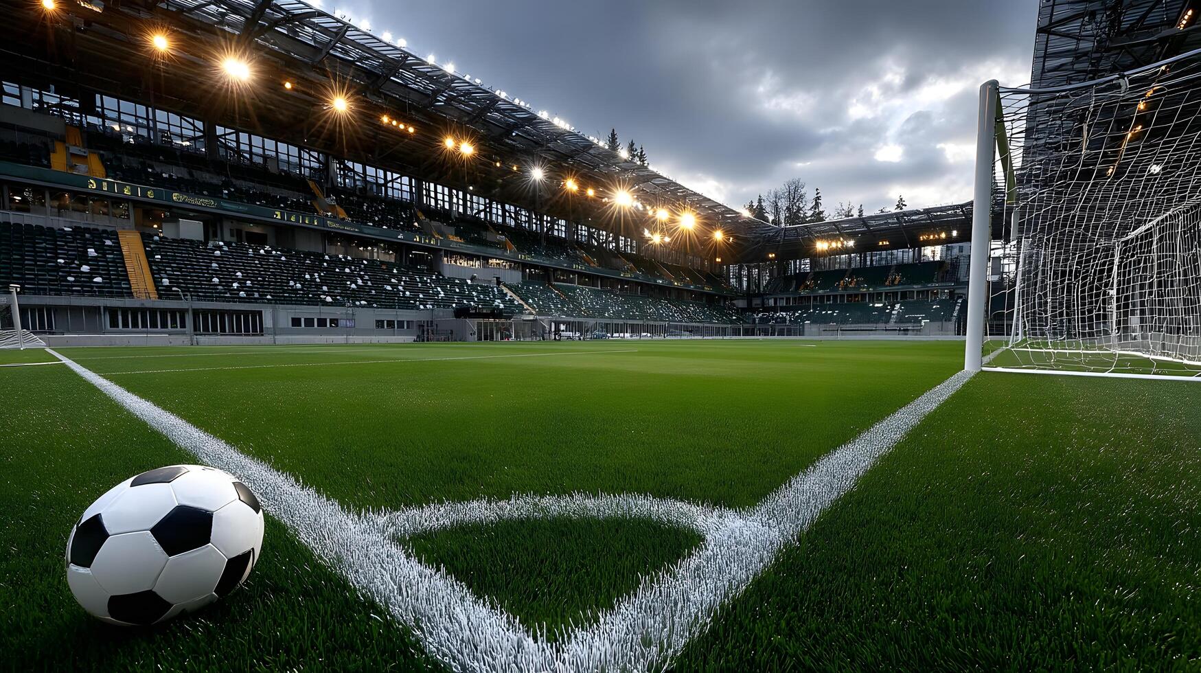 Soccer Ball on Corner Flag at Modern Empty Stadium Football Field Green Grass photo