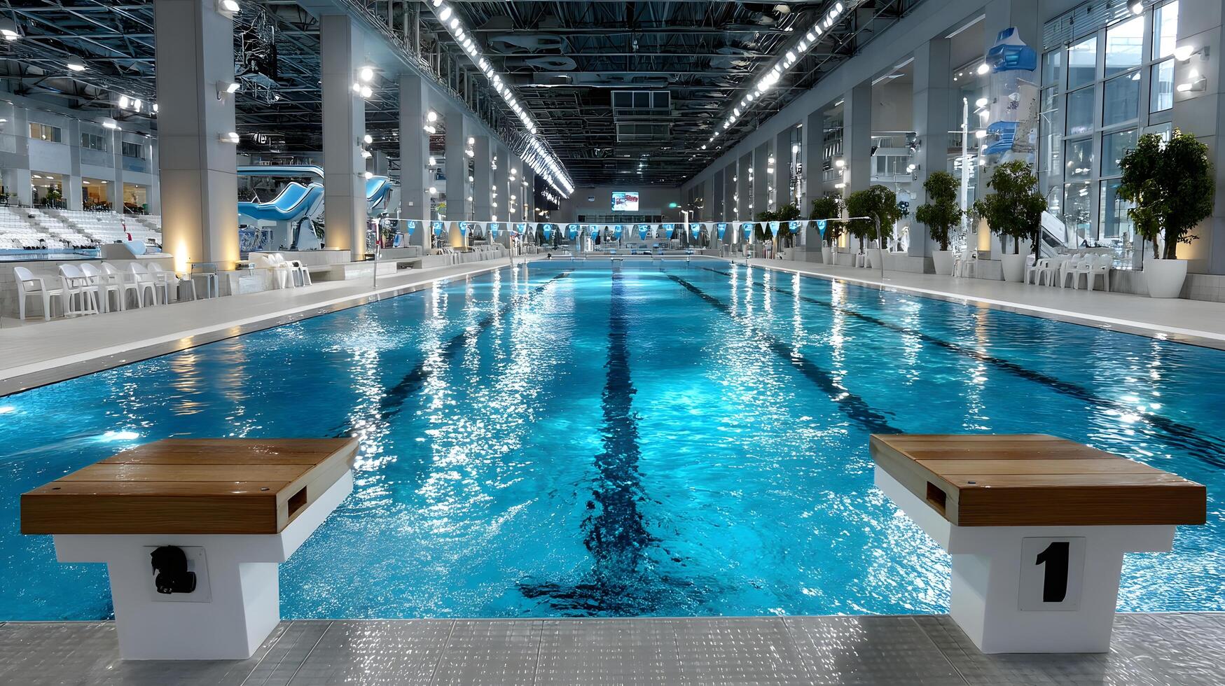 Stunning Indoor Olympic Size Swimming Pool with Diving Boards and Waterpark View photo