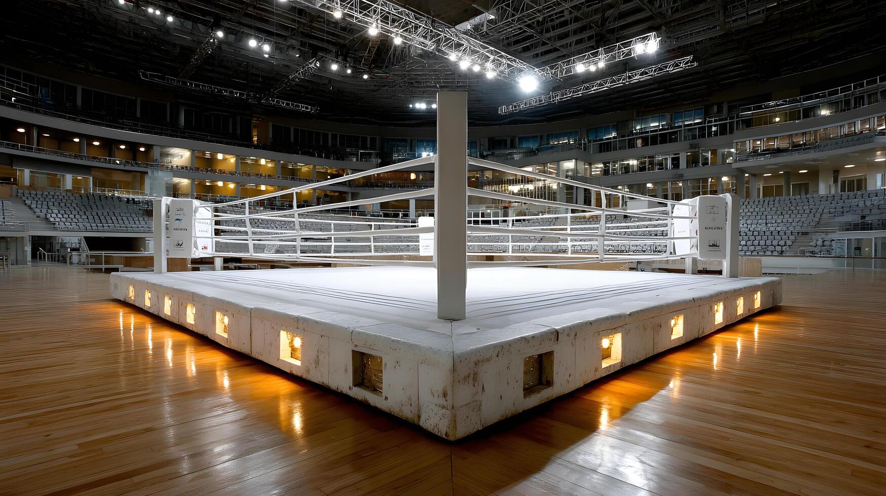 Empty Boxing Ring in Modern Arena Illuminated Platform Championship Fight Venue photo